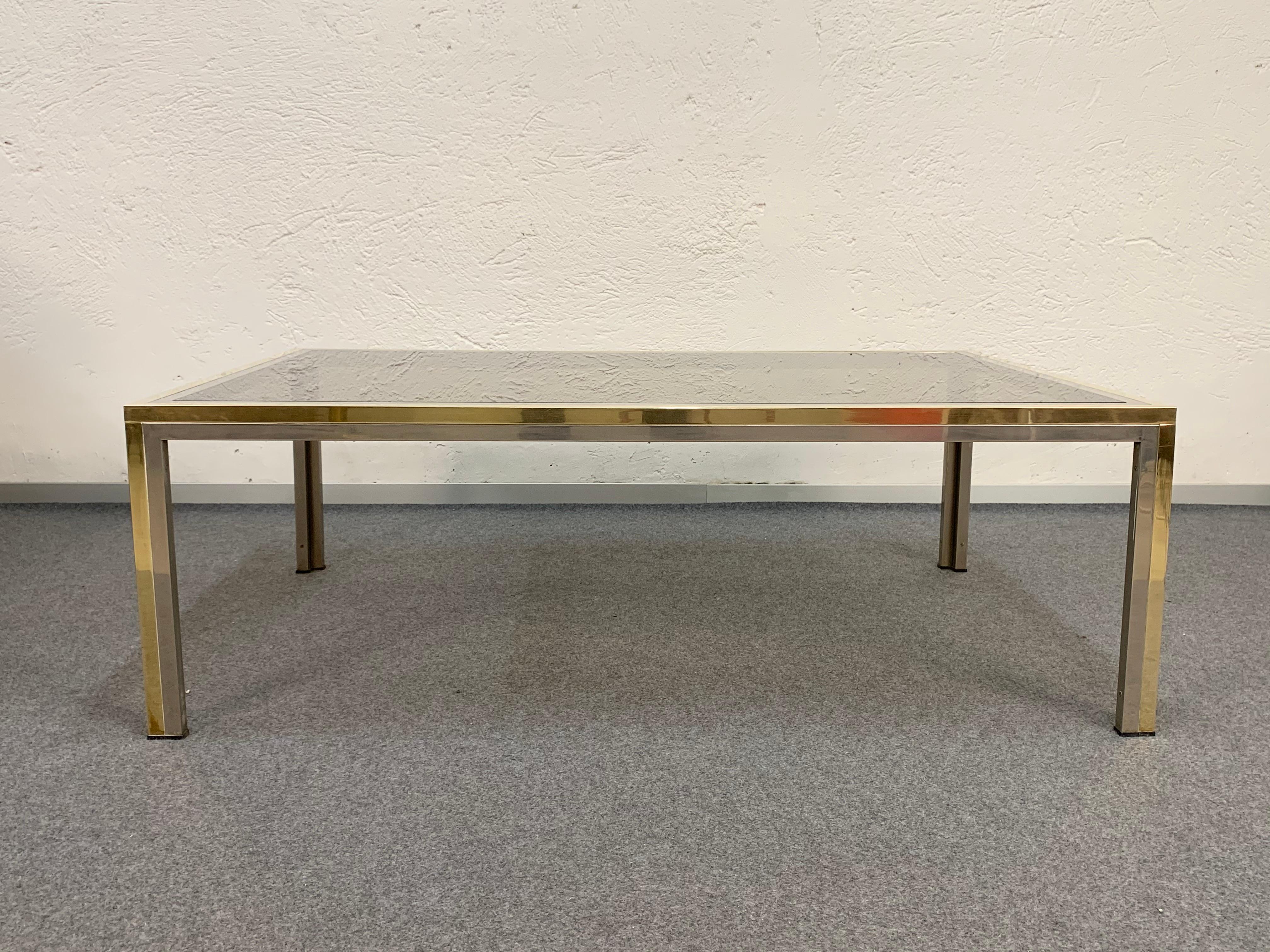 Mid-Century Modern Brass, Chrome and Glass Rectangular Coffee Table After Romeo Rega, Italy, 1970s