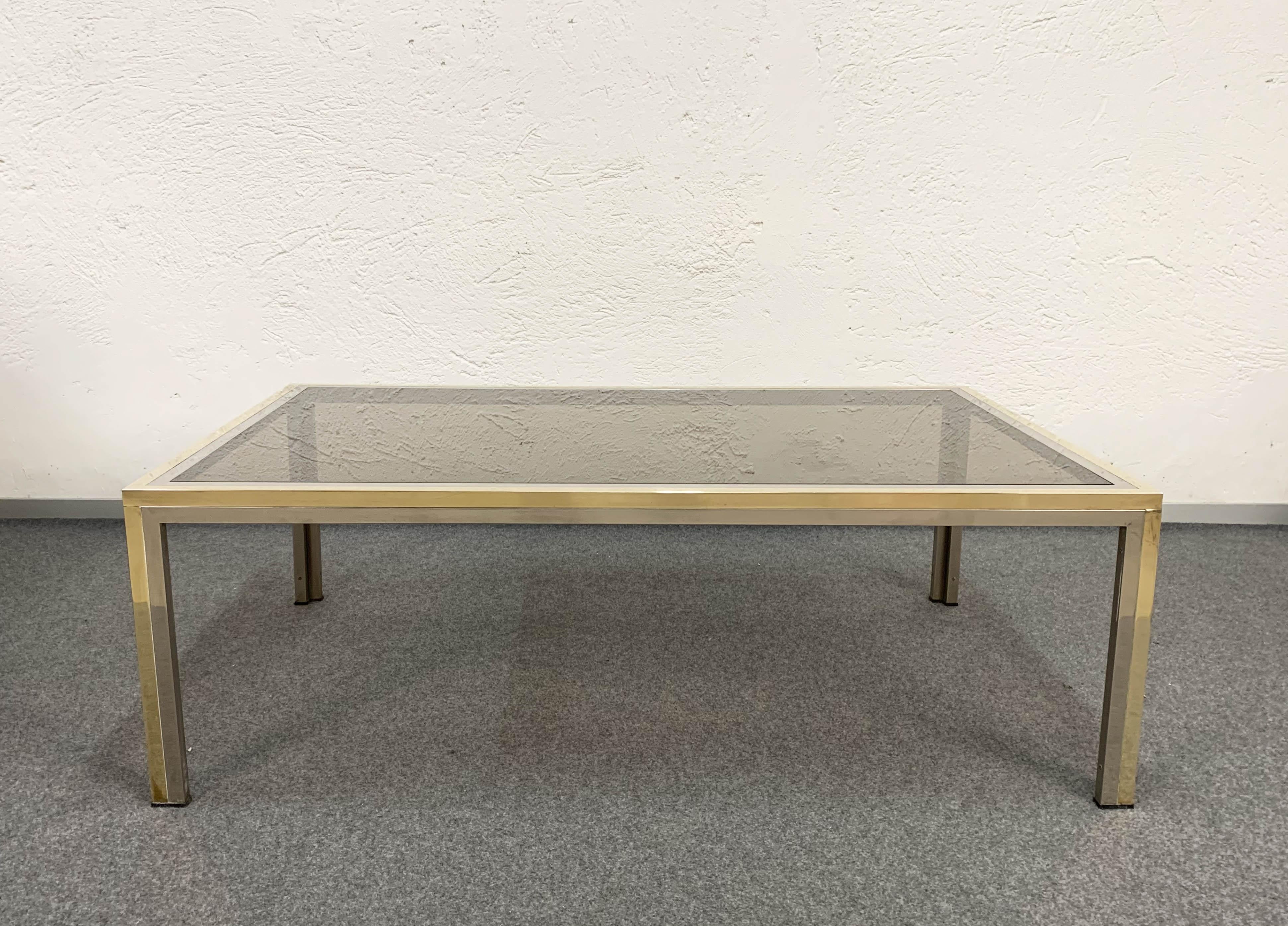 Brass, Chrome and Glass Rectangular Coffee Table After Romeo Rega, Italy, 1970s In Good Condition In Roma, IT