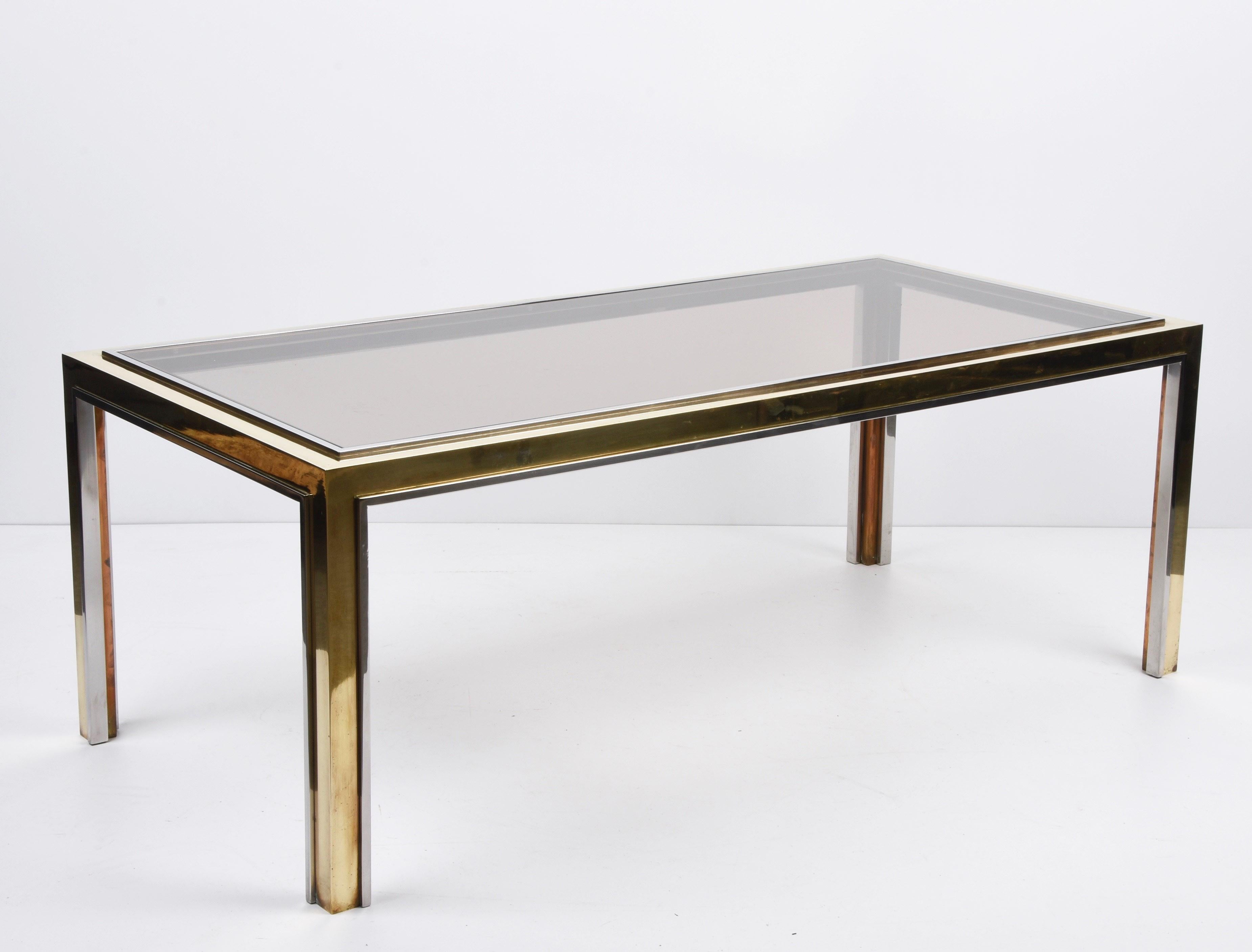 Brass, Chrome and Glass Rectangular Coffee Table After Romeo Rega, Italy, 1970s In Good Condition In Roma, IT