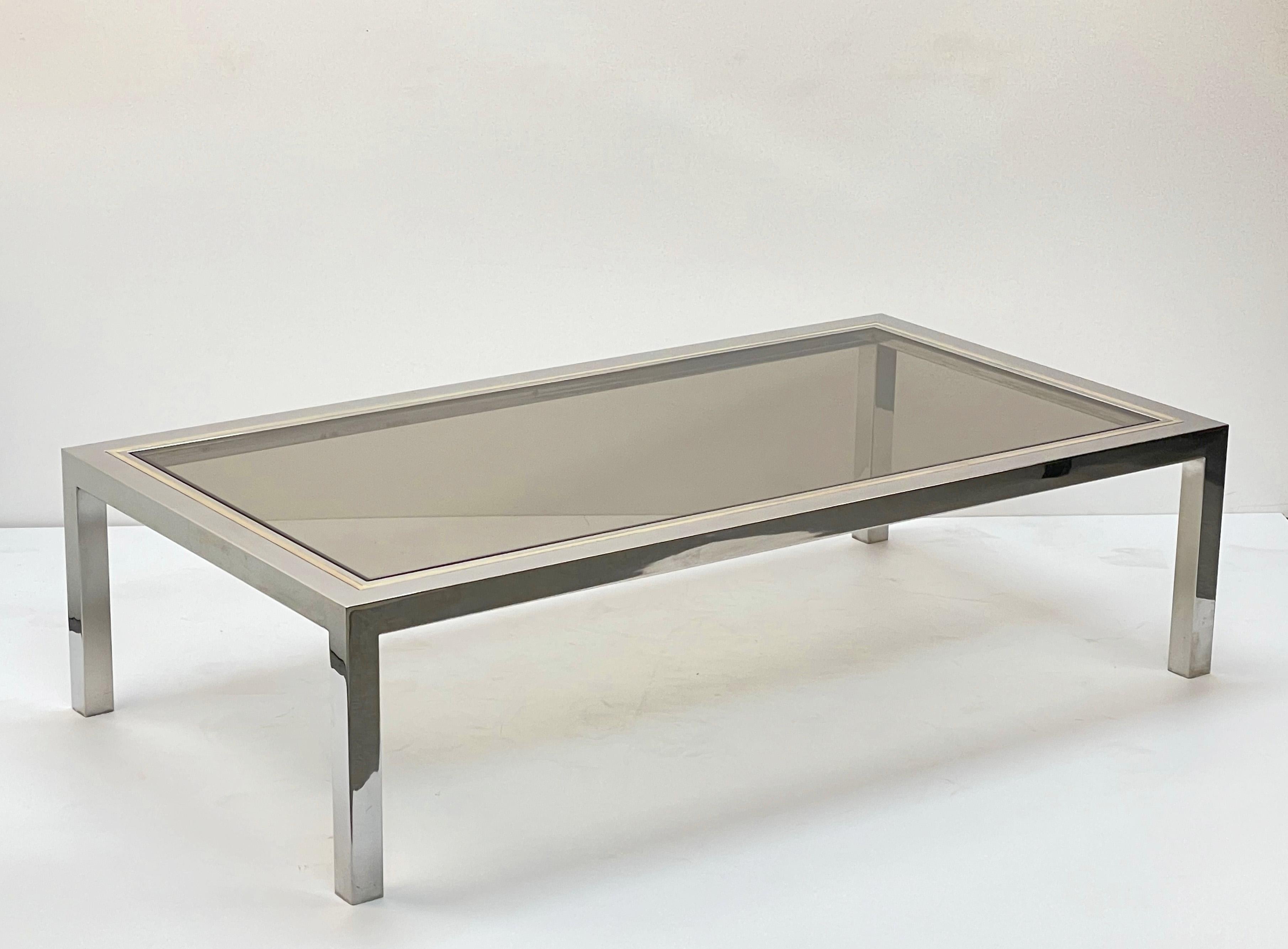Brass, Chrome and Glass Rectangular Italian Coffee Table After Romeo Rega, 1970s For Sale 6