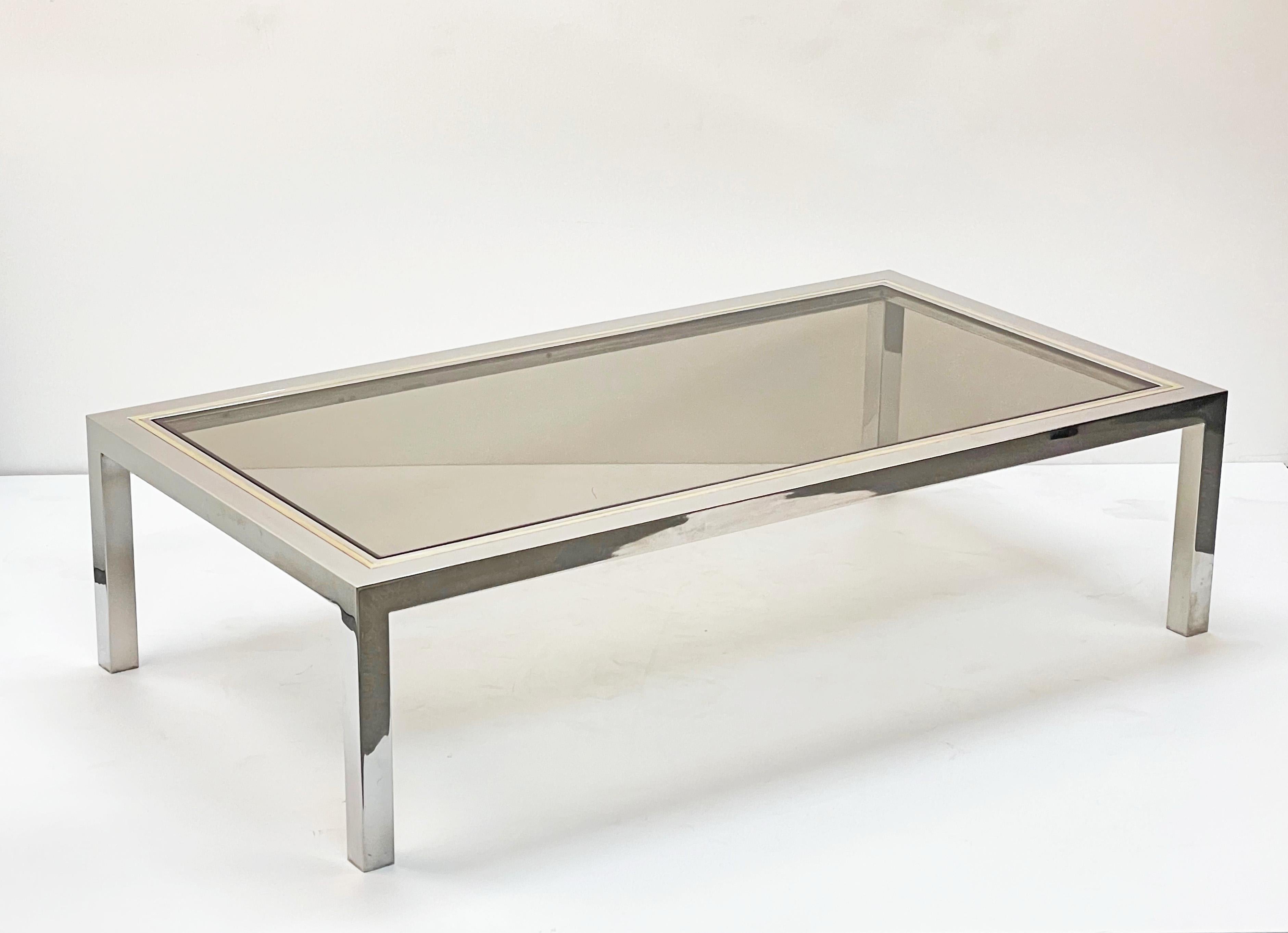 Brass, Chrome and Glass Rectangular Italian Coffee Table After Romeo Rega, 1970s For Sale 7