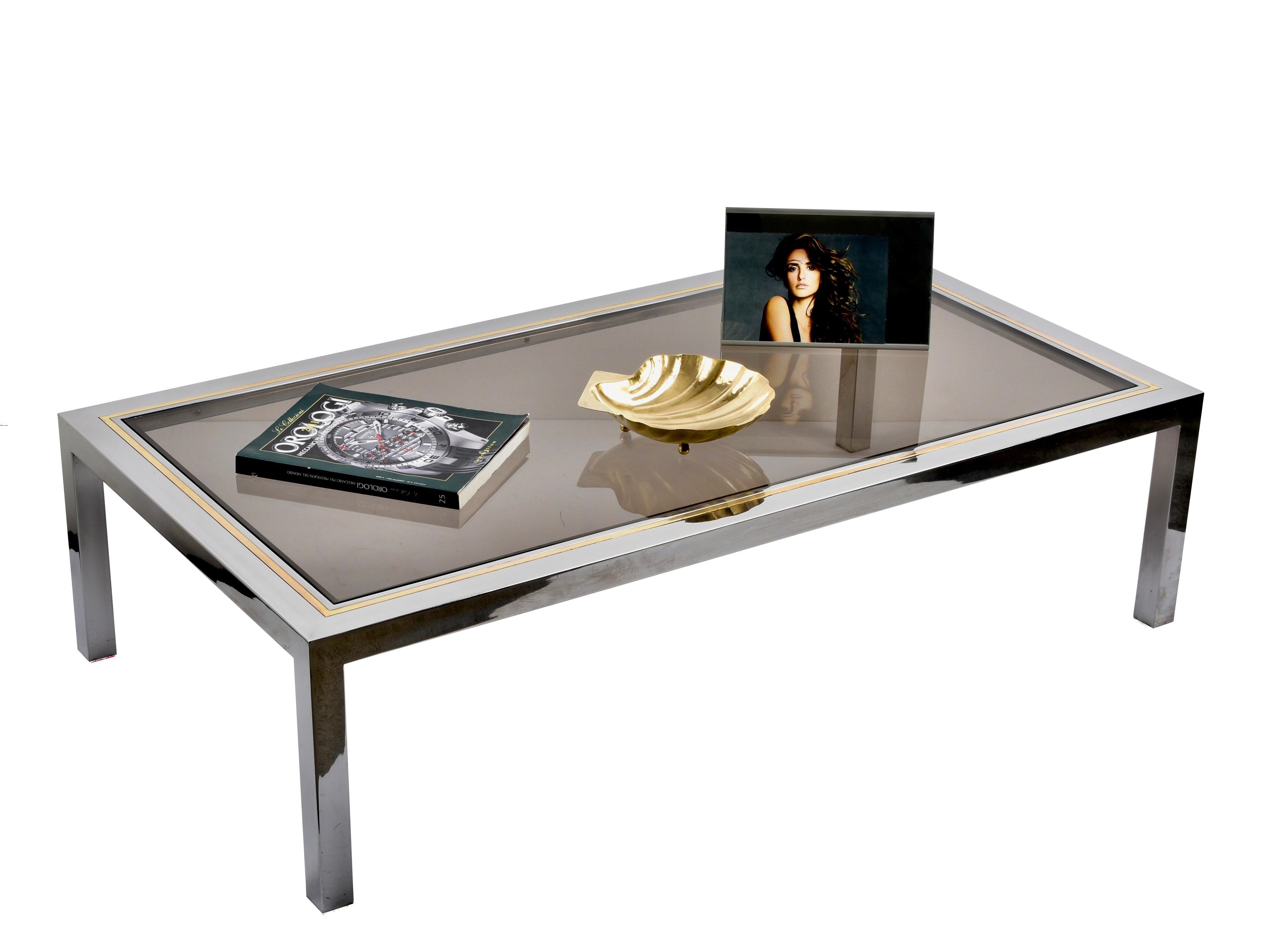 Rechteckiger italienischer Couchtisch aus Messing, Chrom und Glas nach Romeo Rega, 1970er Jahre im Angebot 5