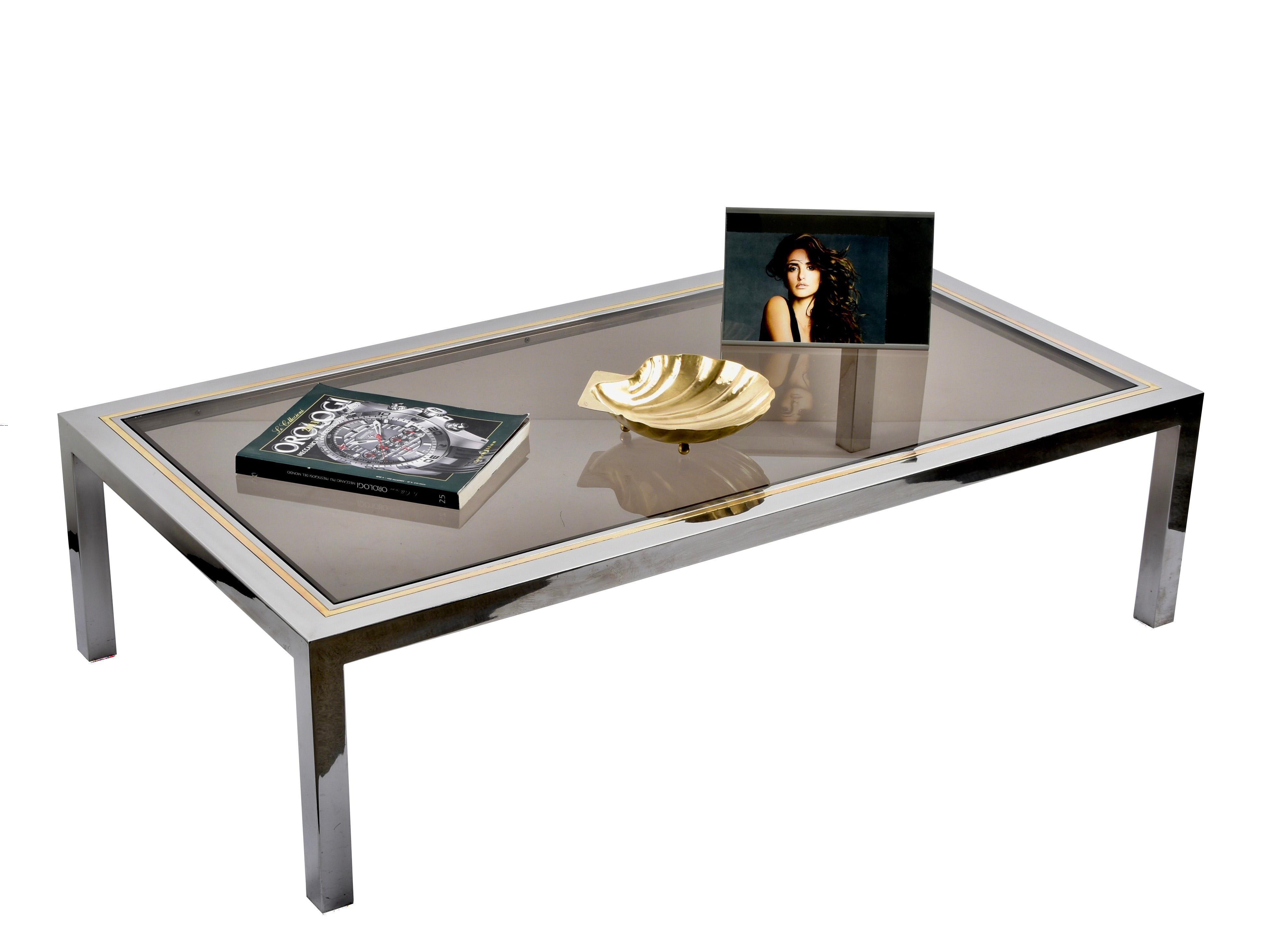 Table basse italienne rectangulaire en laiton, chrome et verre d'après Romeo Rega, 1970 en vente 8