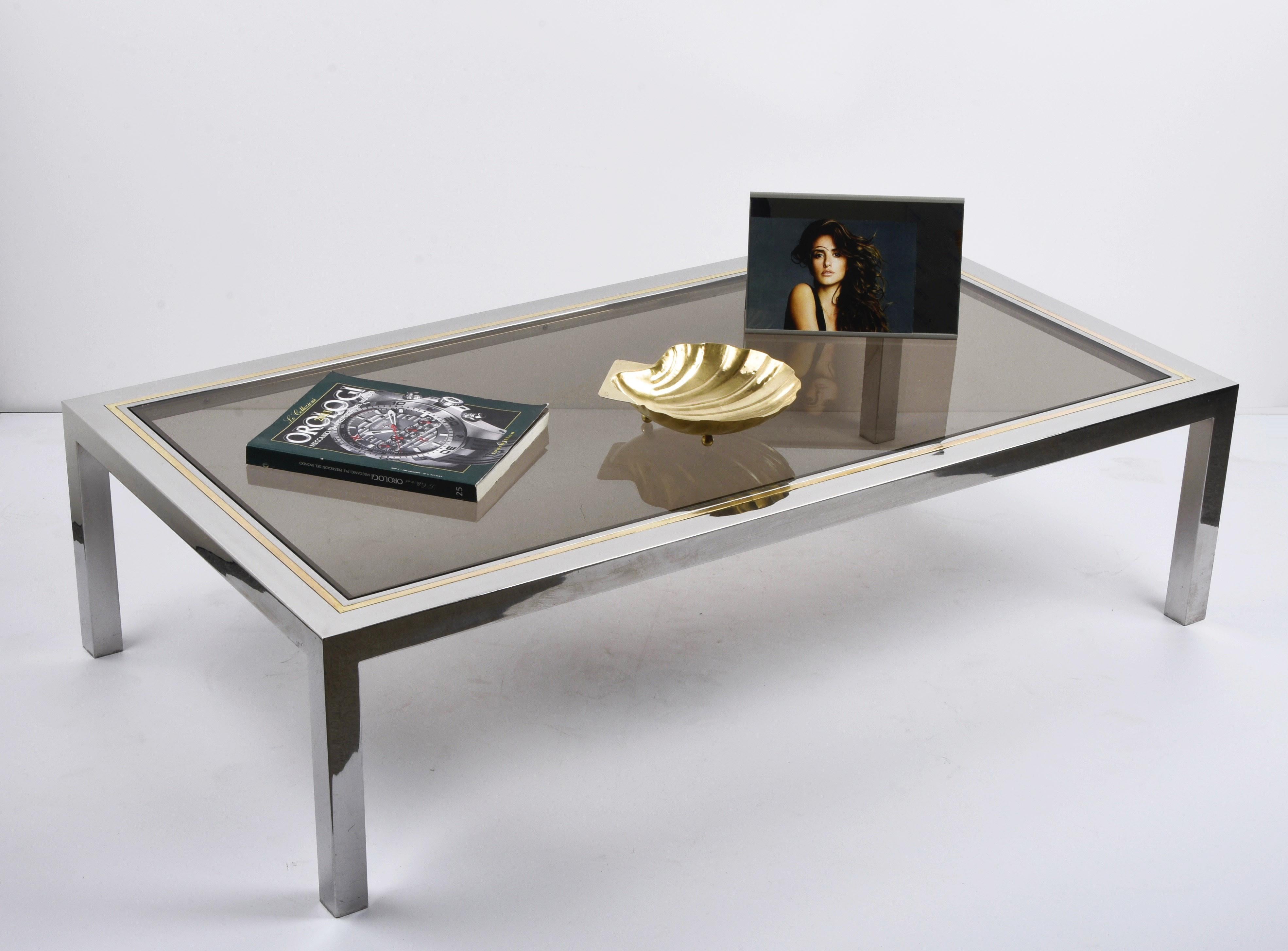 Brass, Chrome and Glass Rectangular Italian Coffee Table After Romeo Rega, 1970s For Sale 10