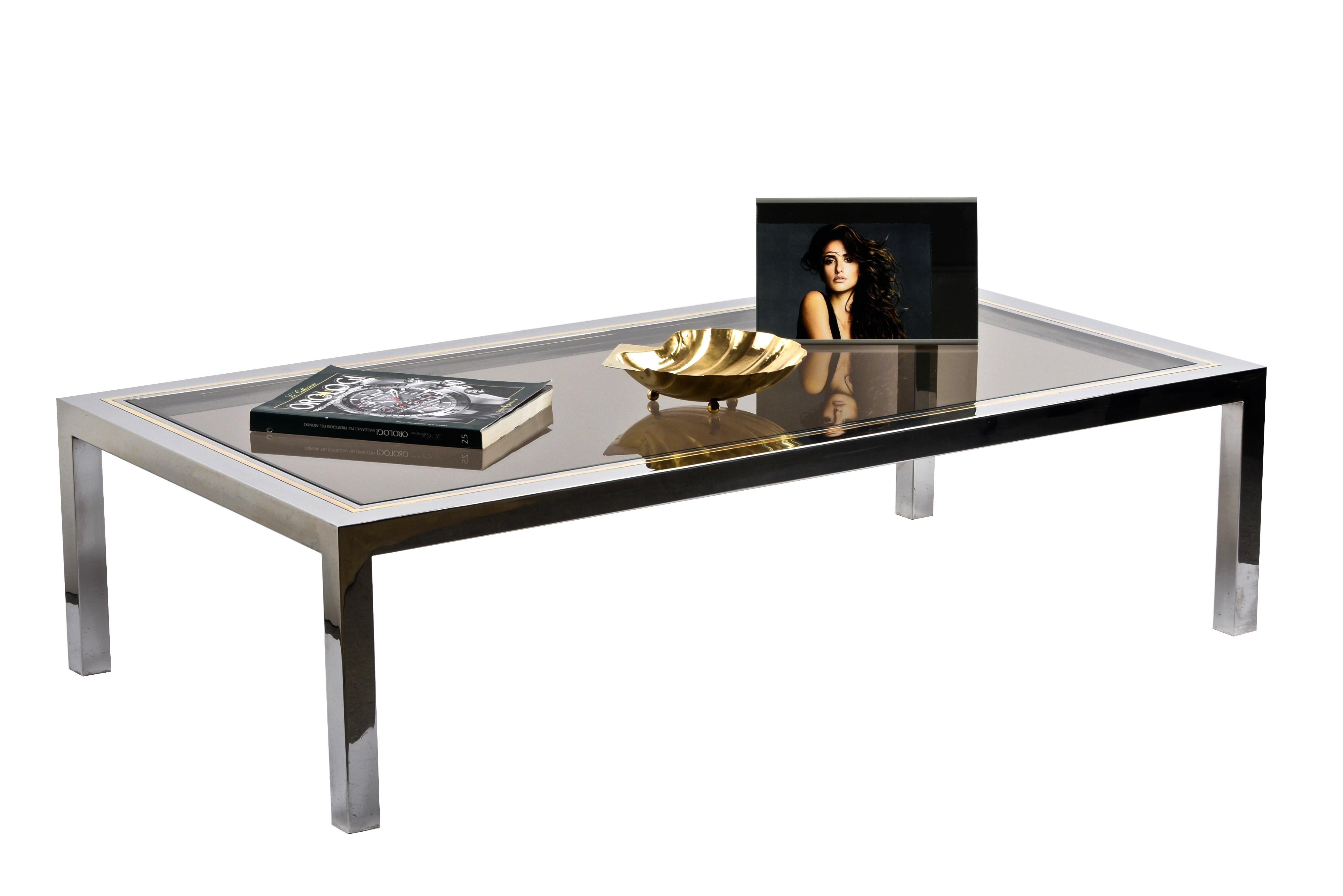 Table basse italienne rectangulaire en laiton, chrome et verre d'après Romeo Rega, 1970 en vente 10