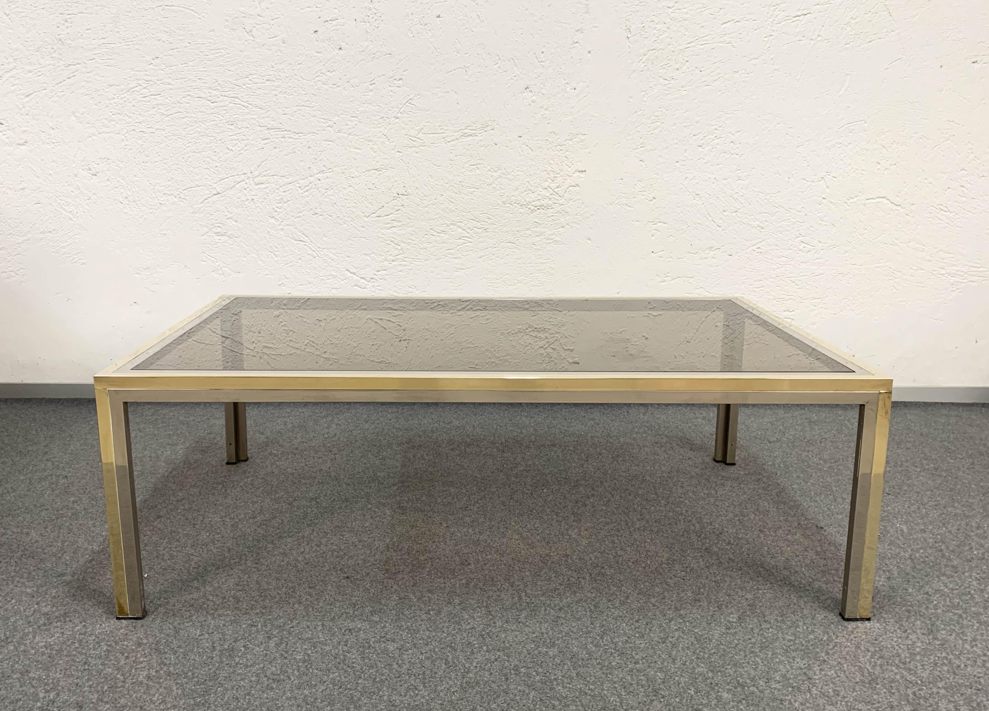 Mid-Century Modern Brass, Chrome and Glass Rectangular Italian Coffee Table after Romeo Rega, 1970s