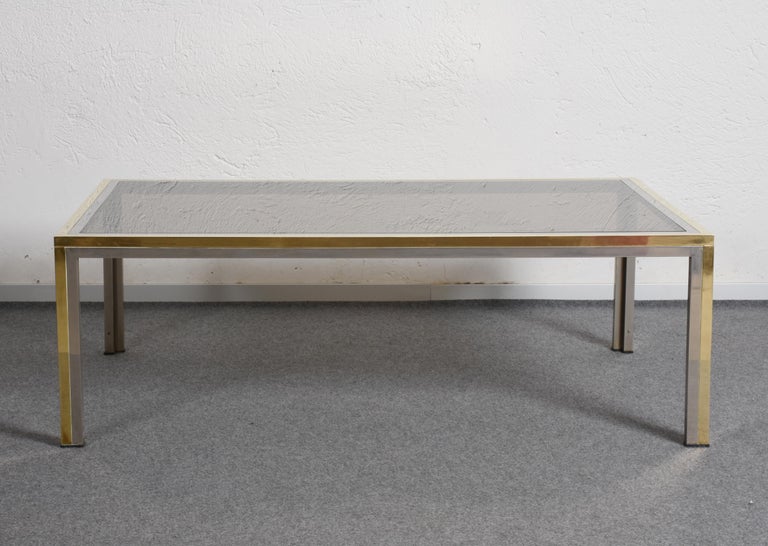 Late 20th Century Brass, Chrome and Glass Rectangular Italian Coffee Table after Romeo Rega, 1970s For Sale