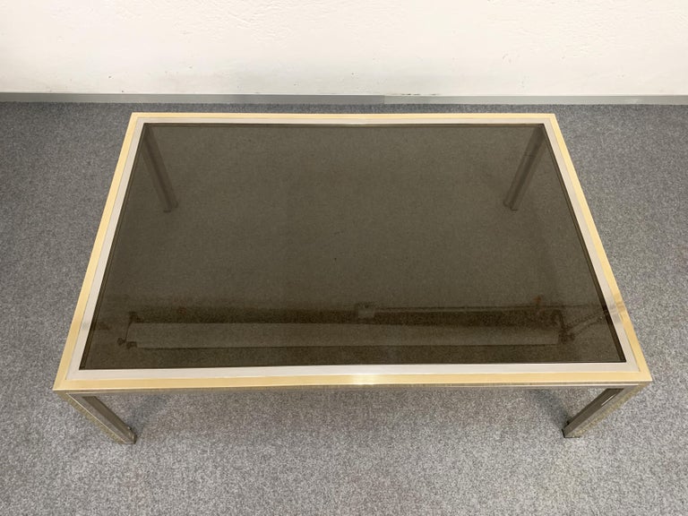 Brass, Chrome and Glass Rectangular Italian Coffee Table after Romeo Rega, 1970s For Sale 2