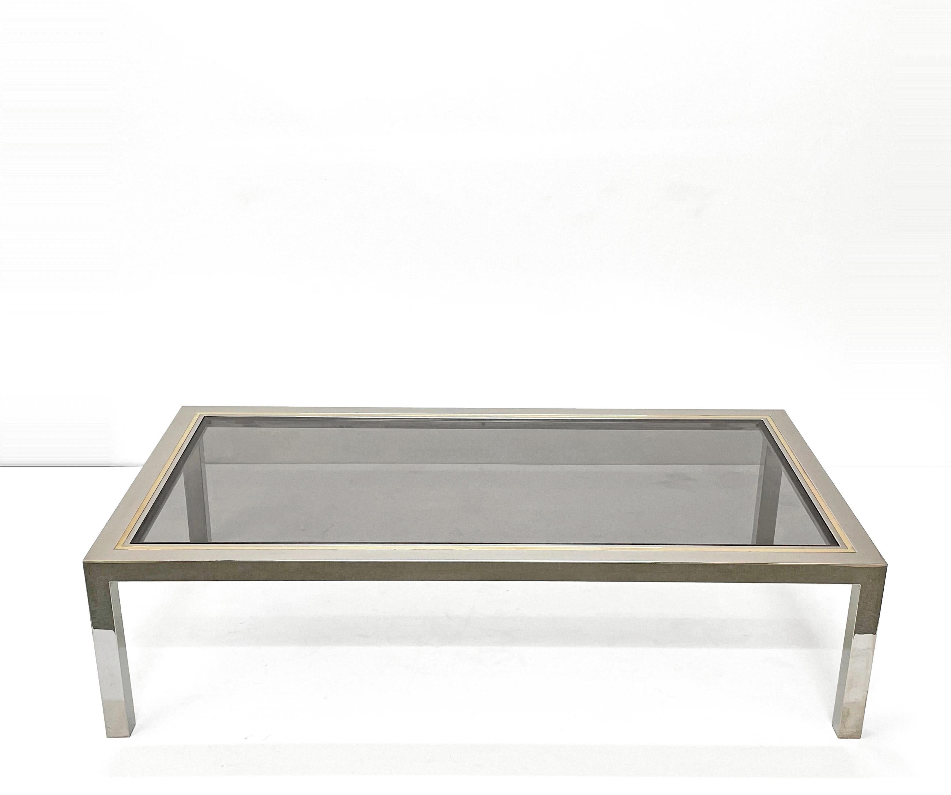 Brass, Chrome and Glass Rectangular Italian Coffee Table After Romeo Rega, 1970s For Sale 2