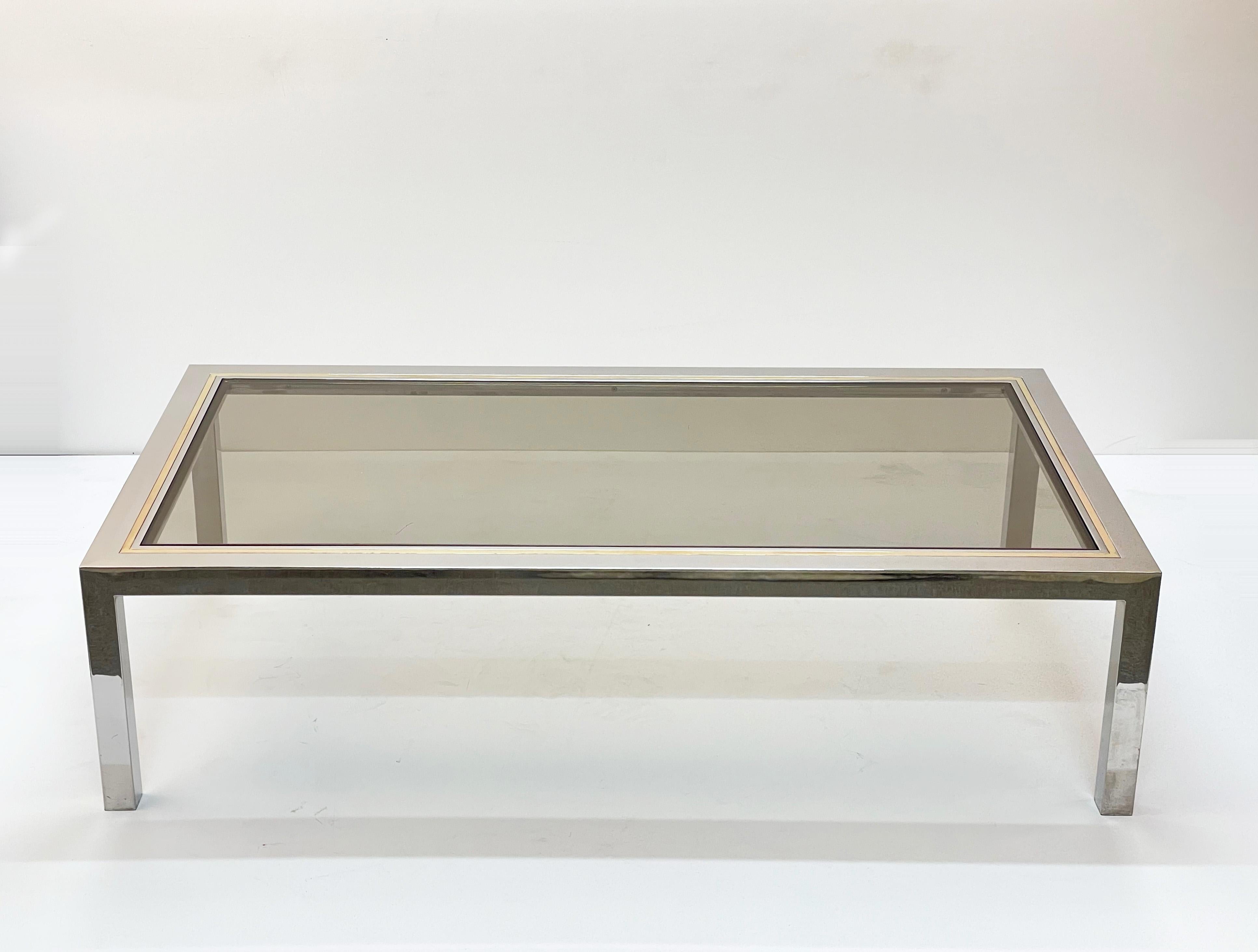 Brass, Chrome and Glass Rectangular Italian Coffee Table After Romeo Rega, 1970s For Sale 4
