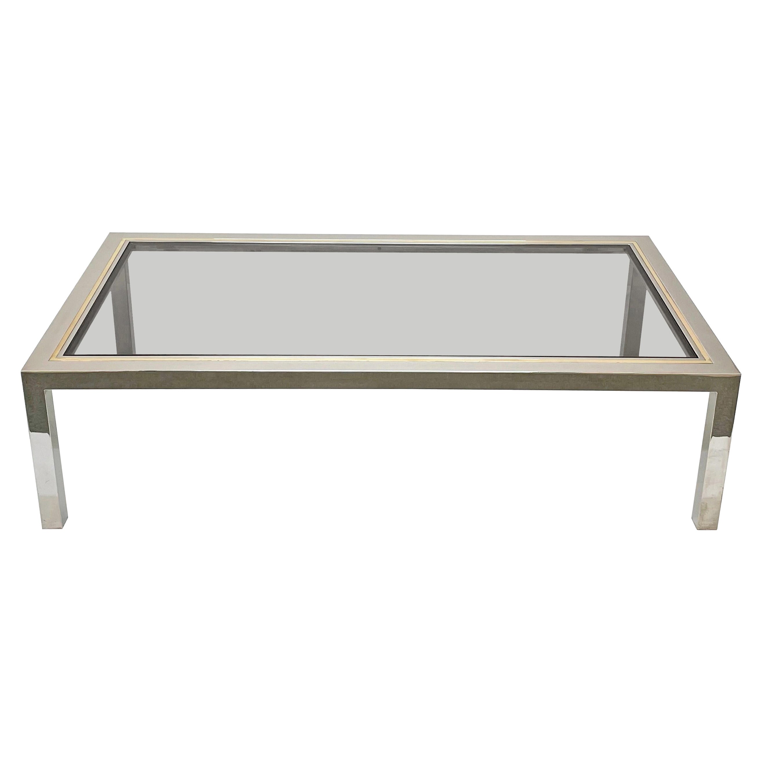 Brass, Chrome and Glass Rectangular Italian Coffee Table After Romeo Rega, 1970s