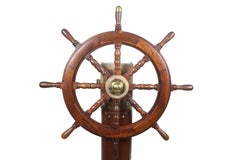 Colonna dello sterzo e volante in ottone, cromo e teak, Norvegia, metà del secolo scorso