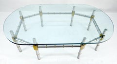 Brass & Chrome Faux Bamboo Base 3/4" Thick Oval Glass Top Coffee Table MINT