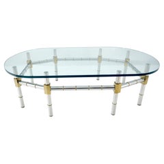 Brass & Chrome Faux Bamboo Base 3/4" Thick Oval Glass Top Coffee Table MINT