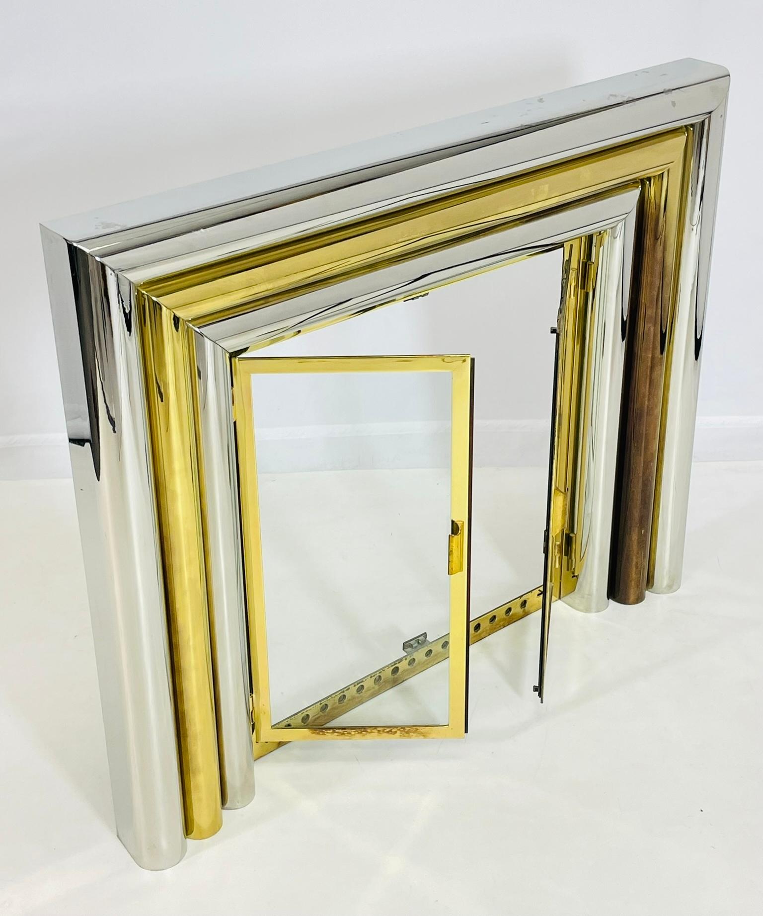 A striking example of 1970s Italian glam, this sculptural fireplace surround is crafted from alternating layers of polished chrome and brass in a stepped, architectural form. Reminiscent of the bold work of Sandro Petti, the design exemplifies the