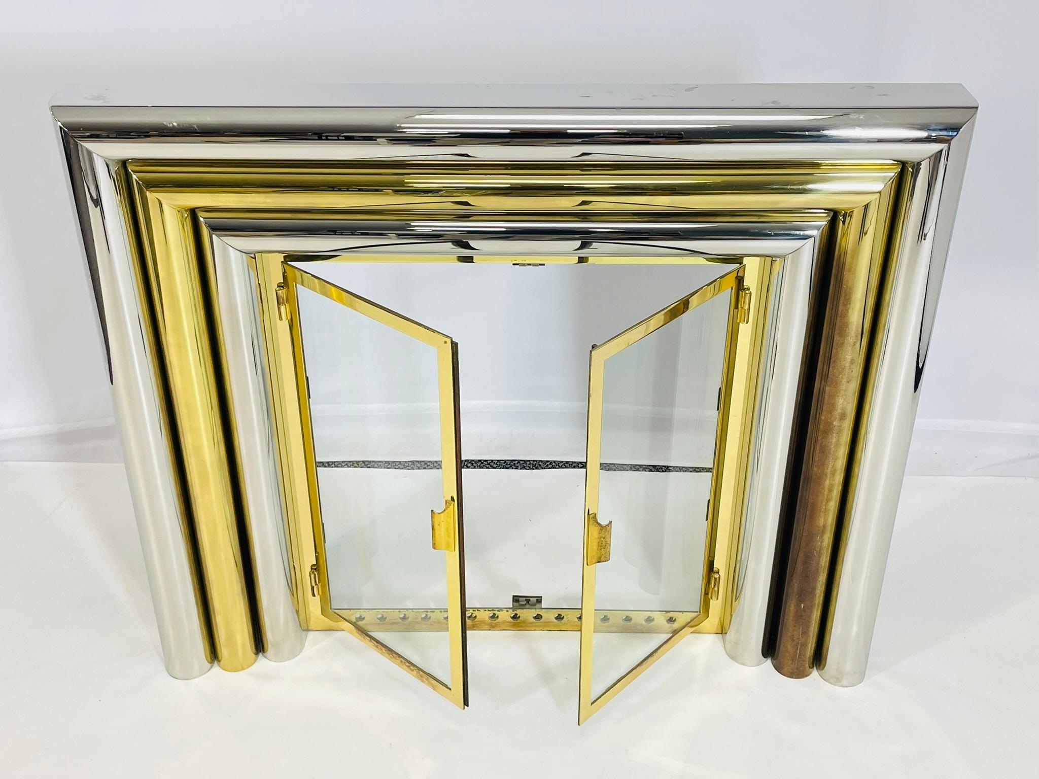 Mid-Century Modern Brass & Chrome Fireplace Surround in the style of Sandro Petti For Sale