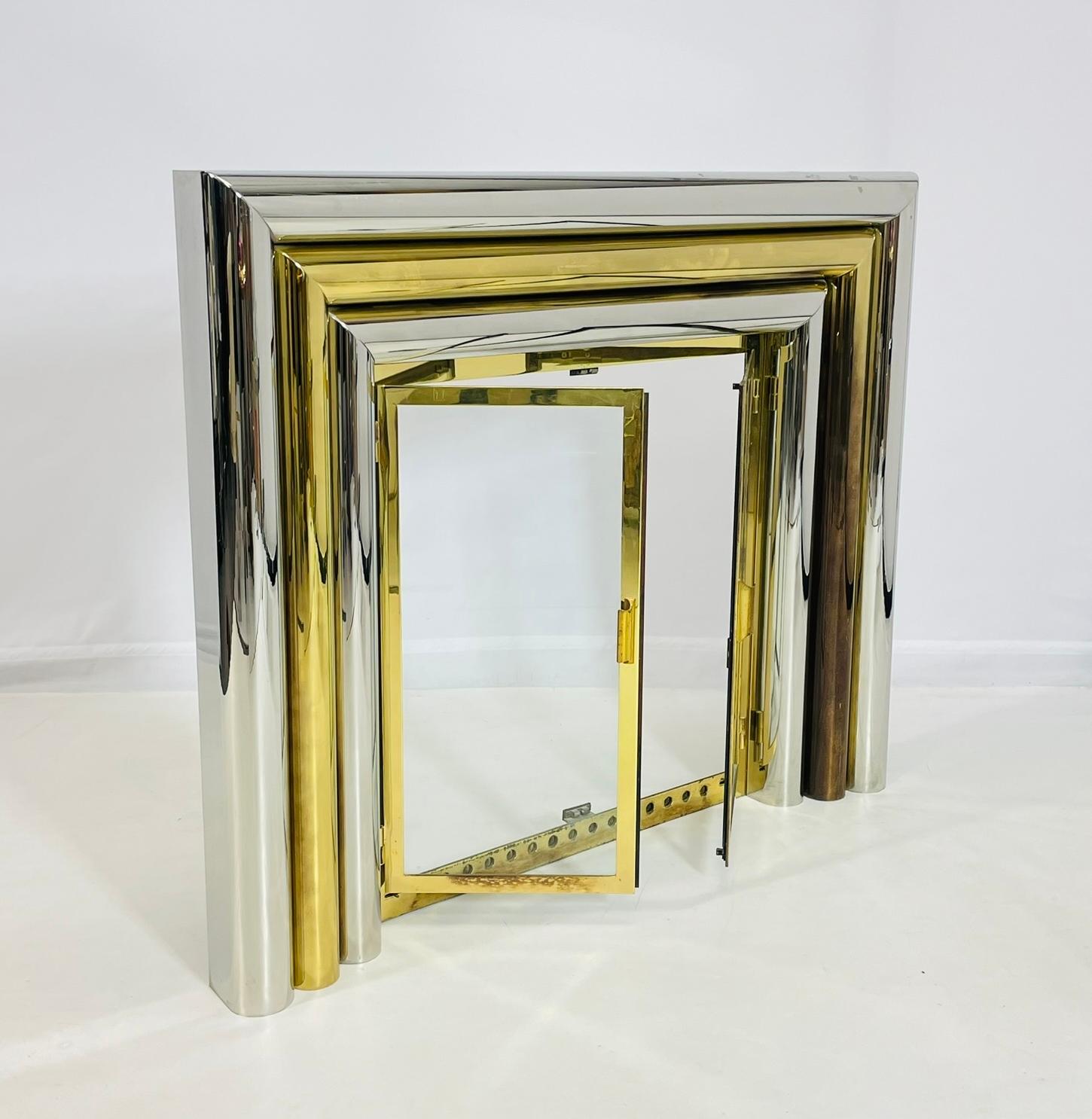 Italian Brass & Chrome Fireplace Surround in the style of Sandro Petti For Sale