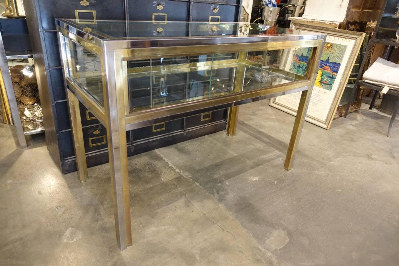 Late 20th Century Brass Chrome Glass Display Table