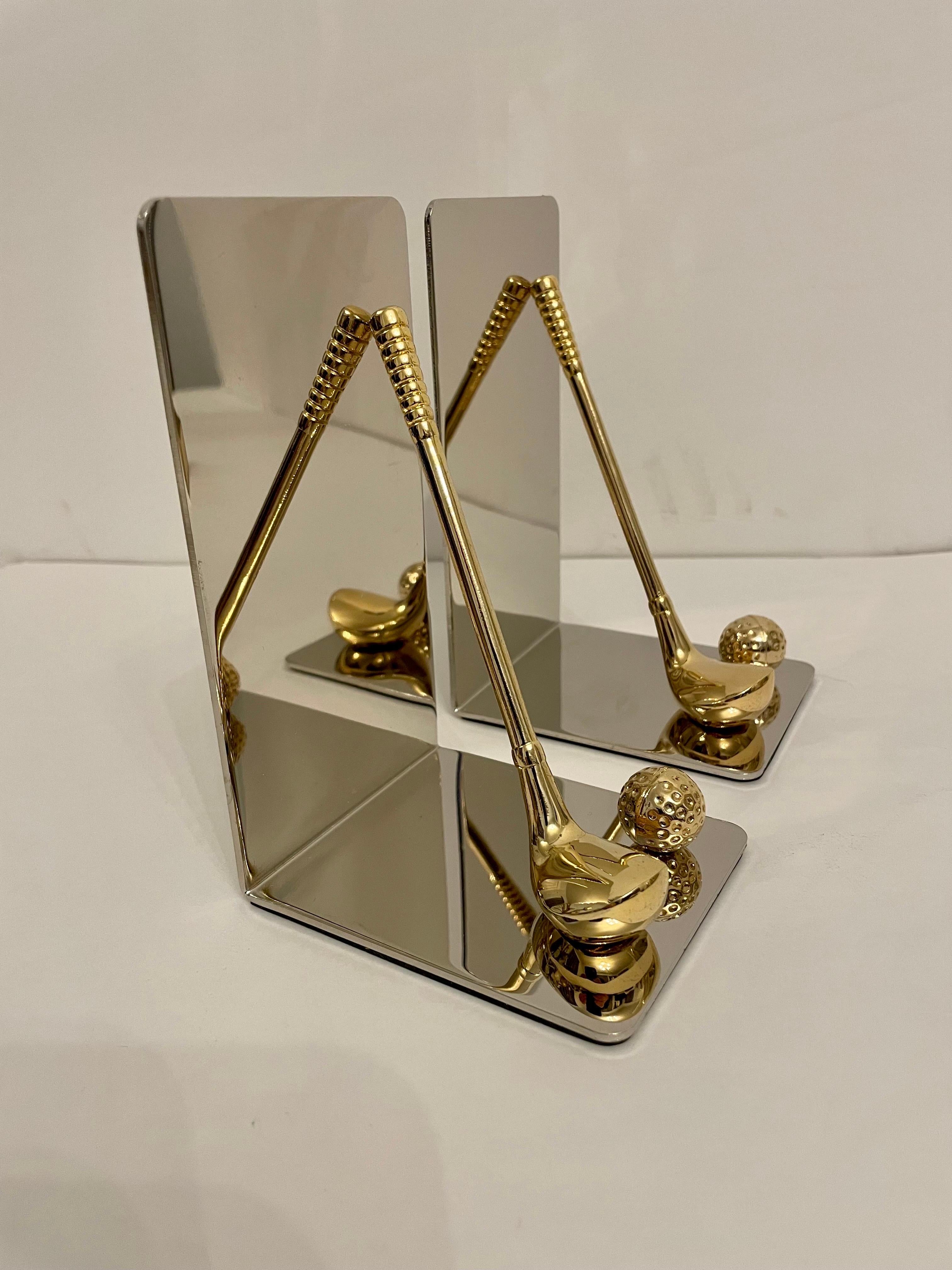 Brass & Chrome Golf Club Bookends In Good Condition In New York, NY