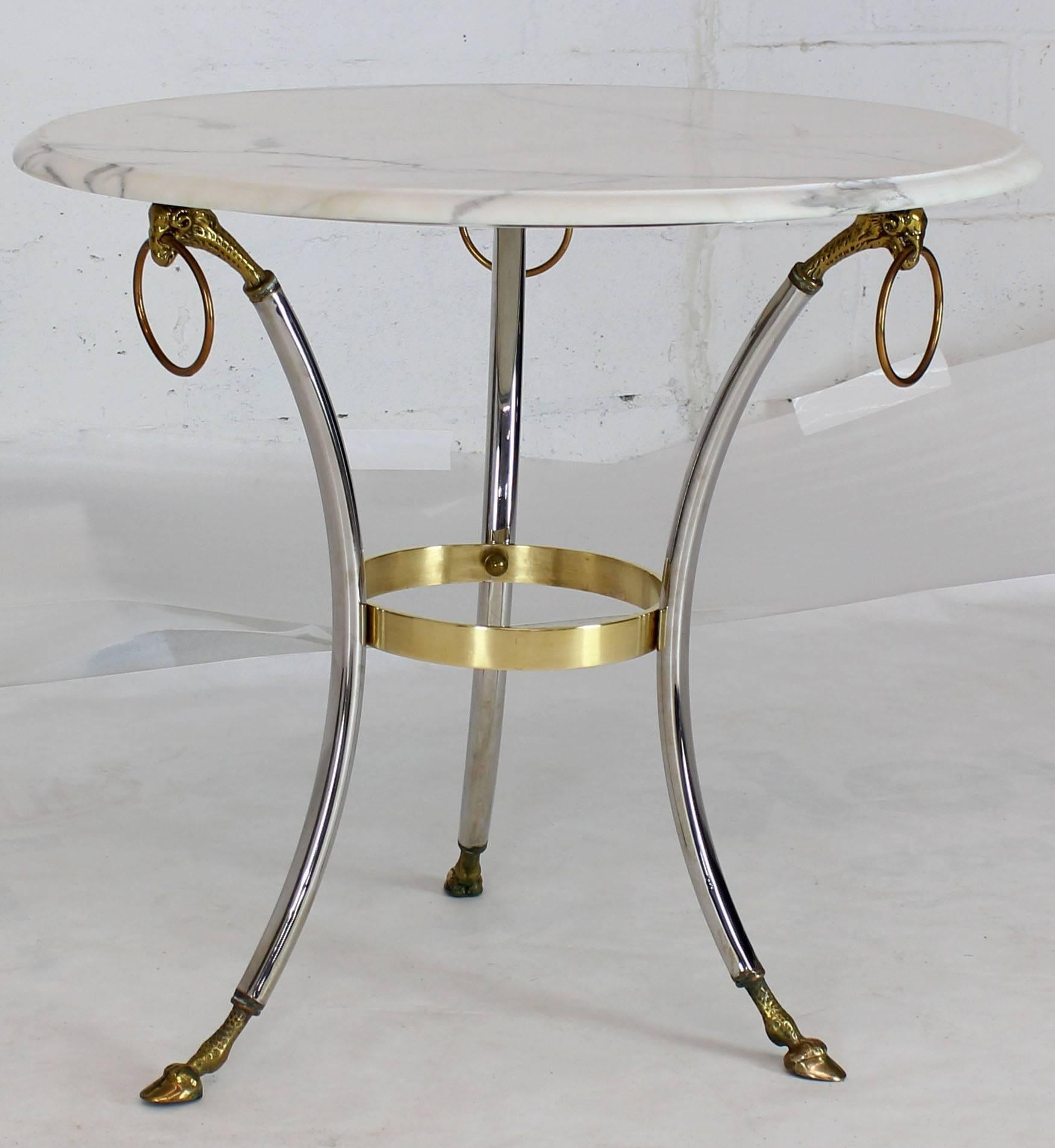 Mid-Century Modern chrome brass marble-top gueridon centre table. Hit quality fine details craftsmanship metal work pedestal centre table. Nice tri three legged design base.
