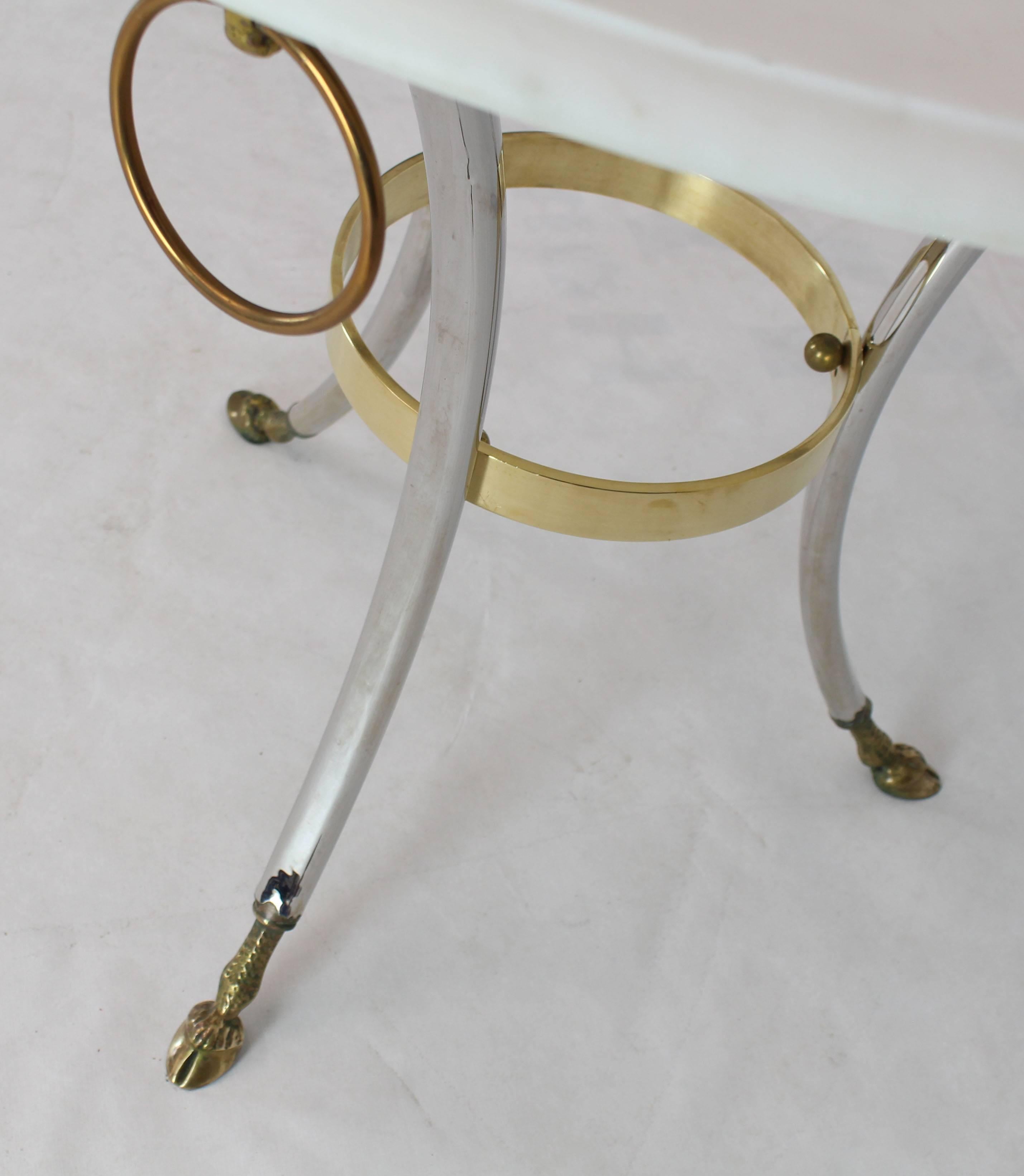 American Brass Chrome Marble-Top Hoof Feet Large Rings Accents Gueridon Centre Table For Sale