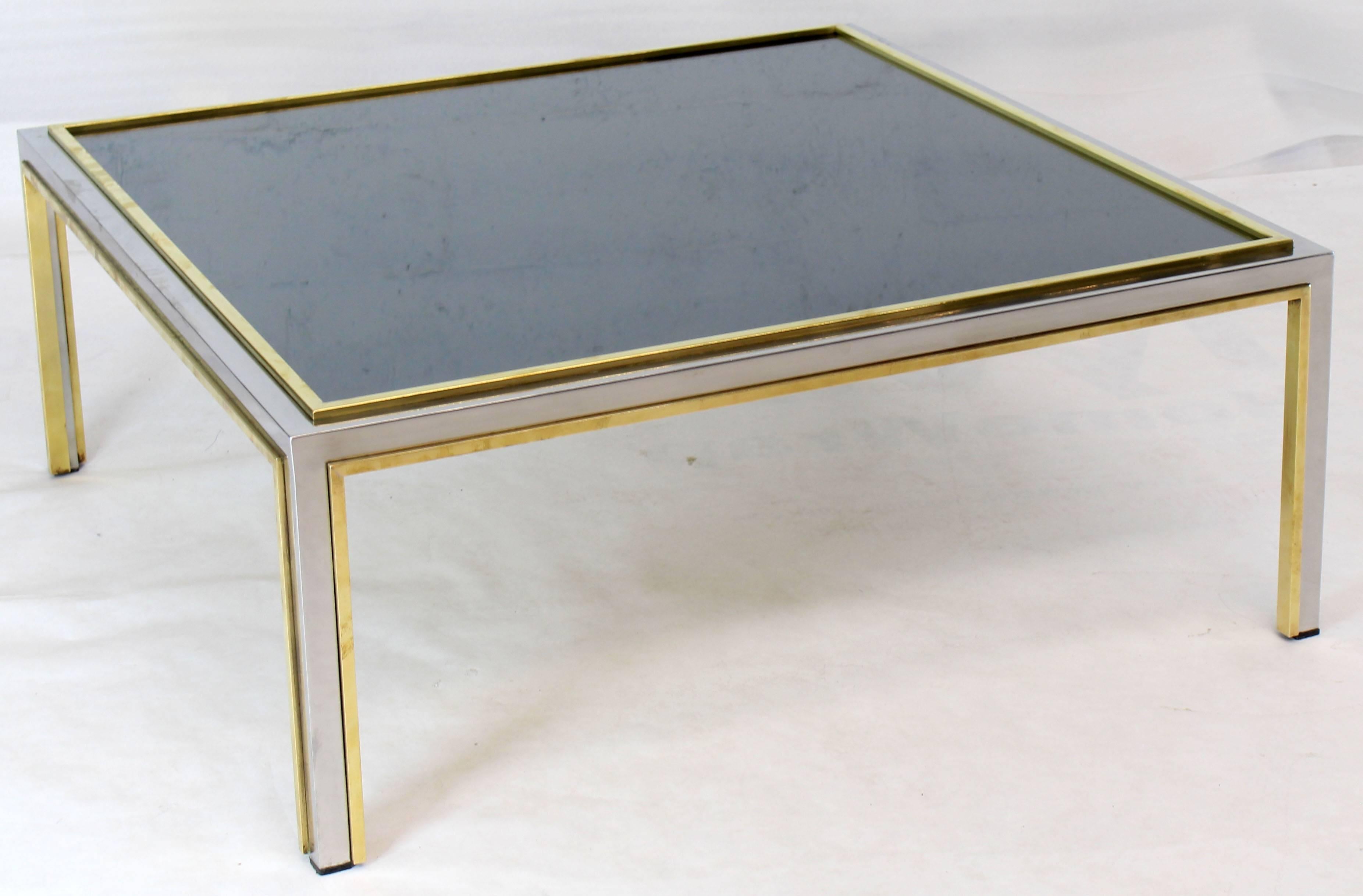Italian Brass Chrome Smoked Glass Willy Rizzo Square Coffee Table For Sale