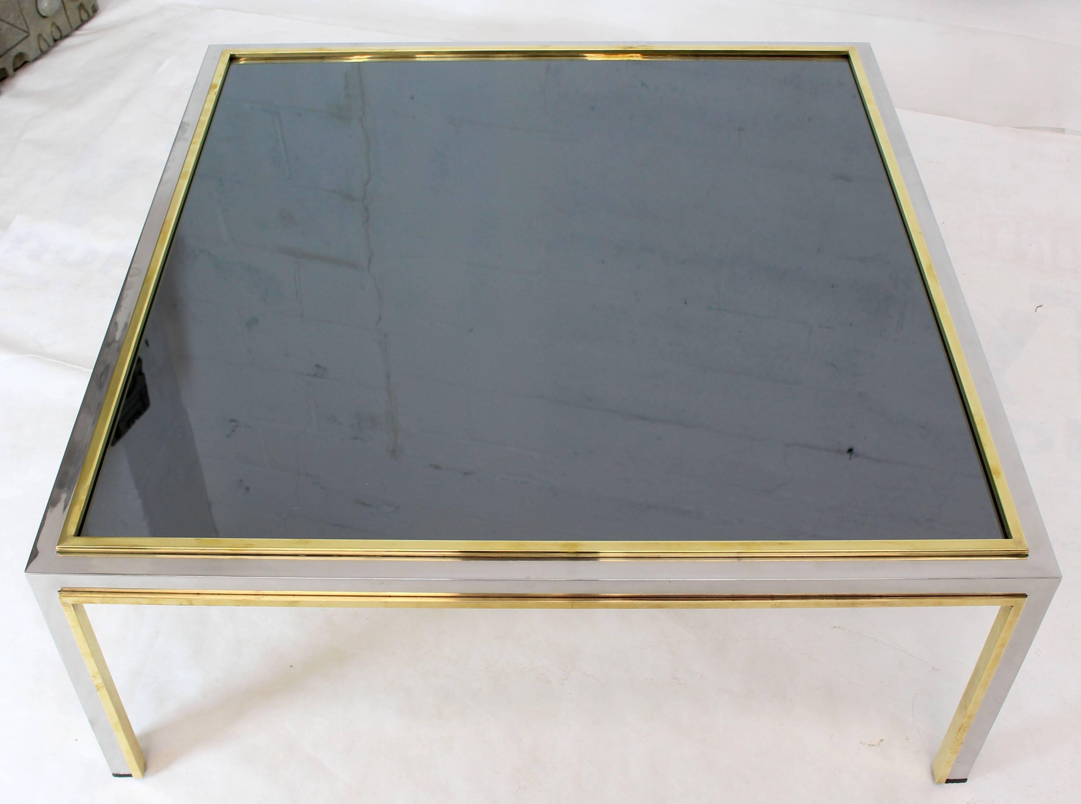 Brass Chrome Smoked Glass Willy Rizzo Square Coffee Table In Excellent Condition For Sale In Rockaway, NJ