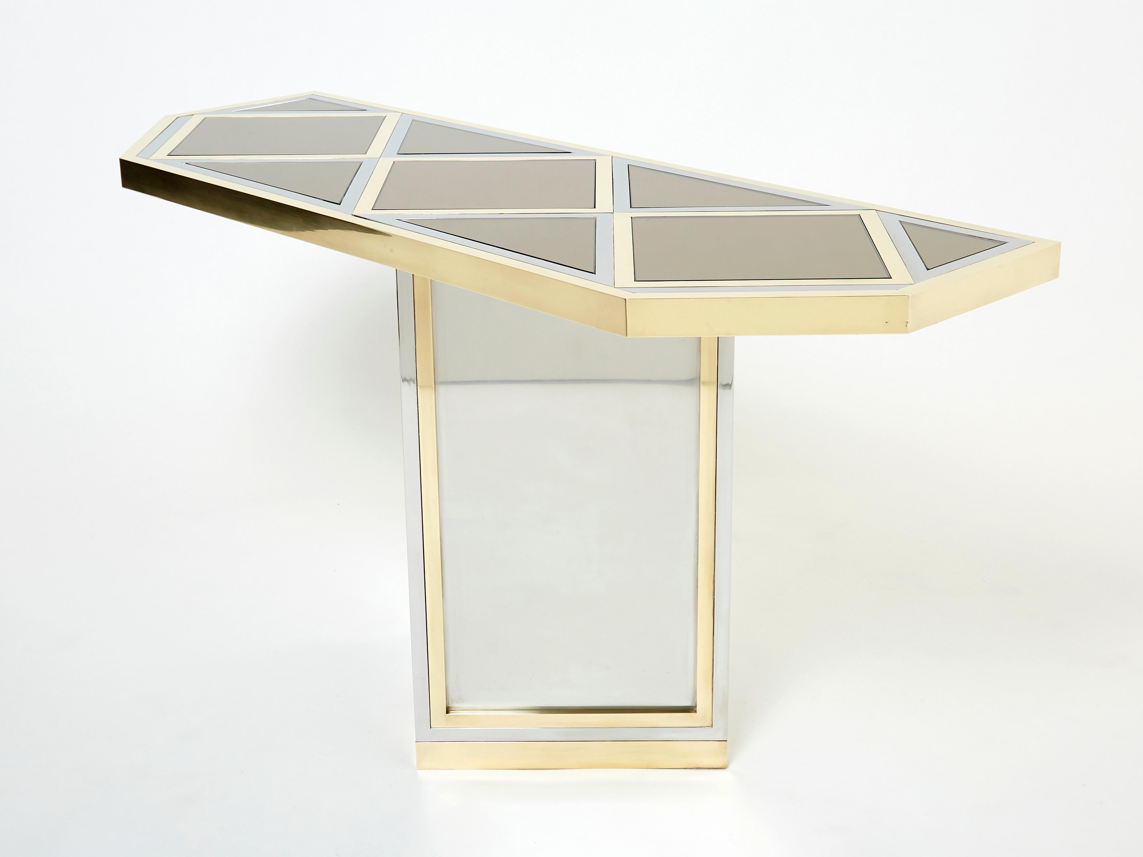 Brass Chrome Steel Mirrored Console Table by Romeo Rega 1970s In Good Condition For Sale In Paris, IDF