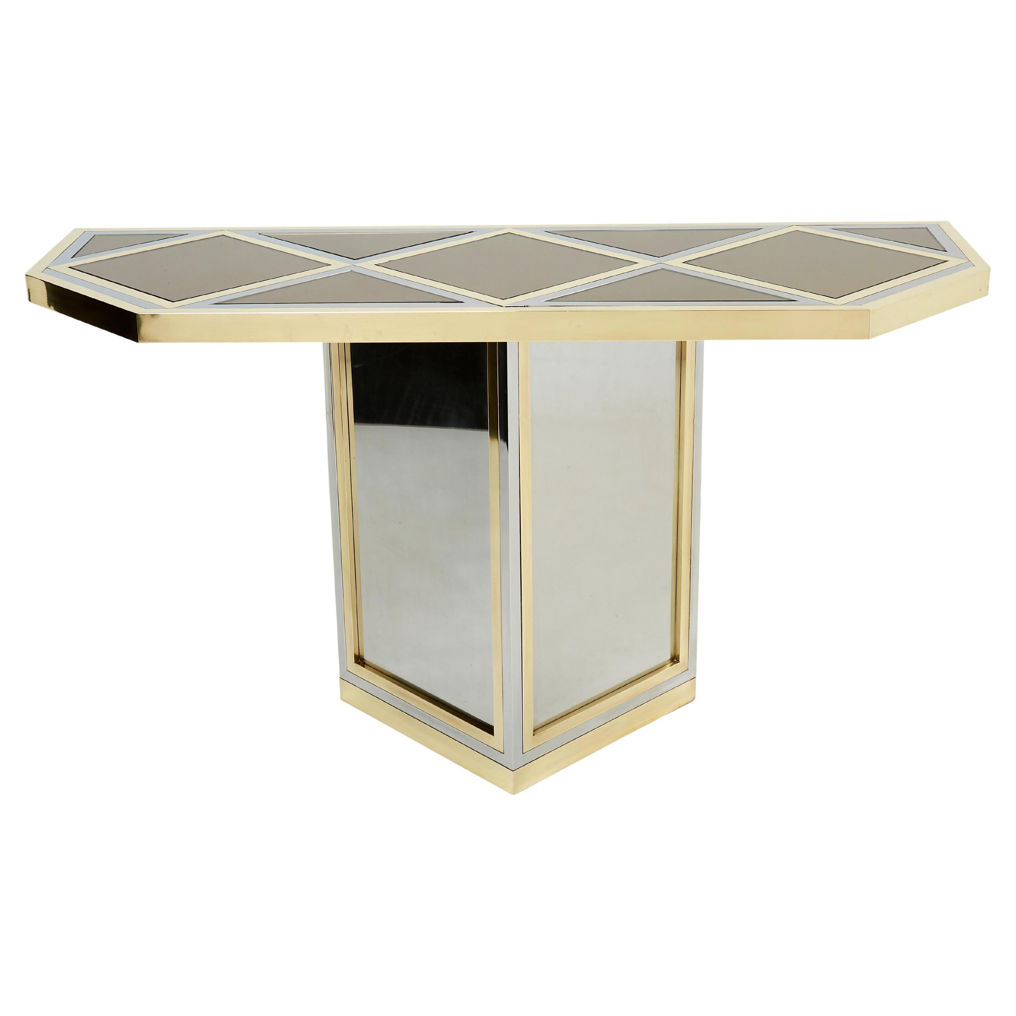 Brass Chrome Steel Mirrored Console Table by Romeo Rega 1970s For Sale