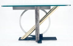Brass Chrome Steel Sculpture Base Glass Top Rectangle Console Sofa Table MINT!