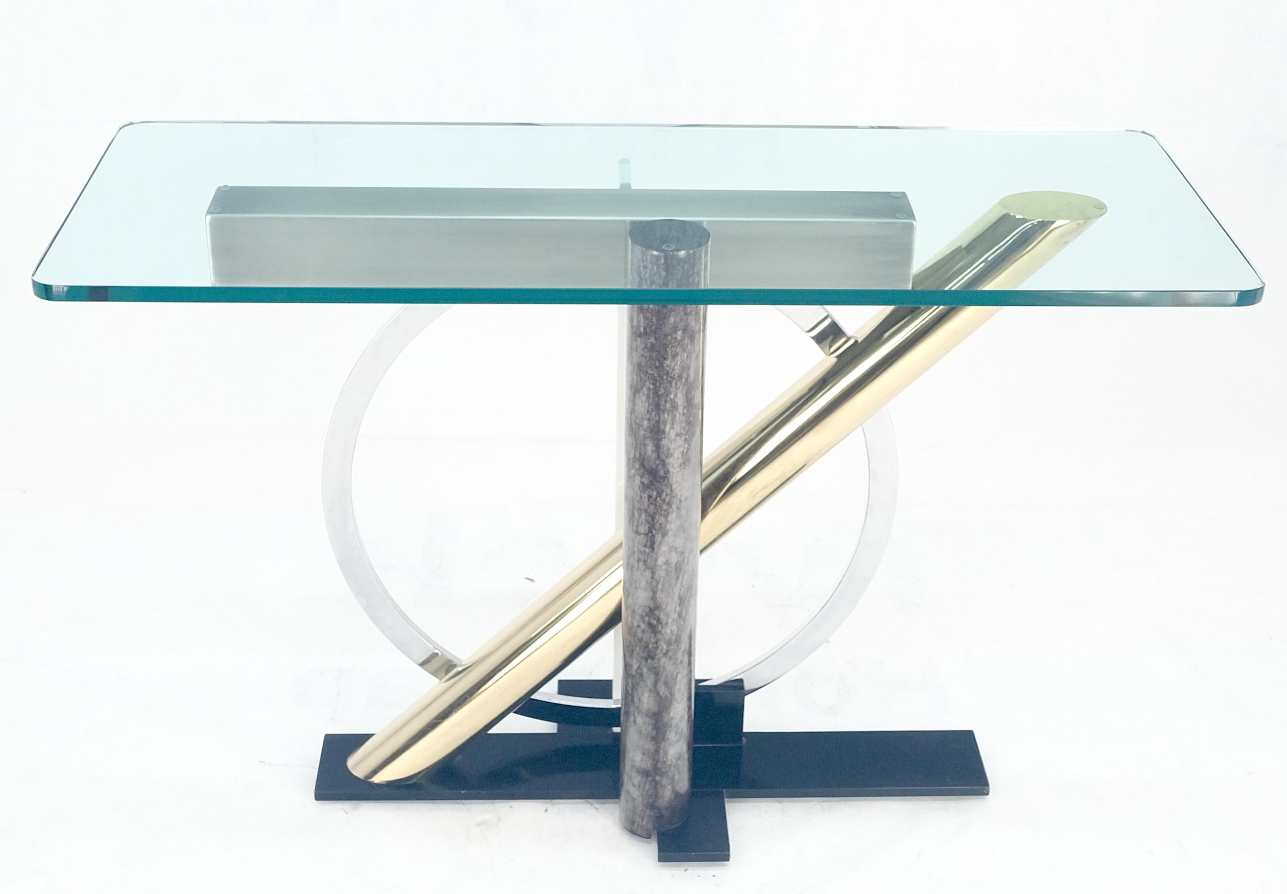 American Brass Chrome Steel Sculpture Base Glass Top Rectangle Console Sofa Table MINT!