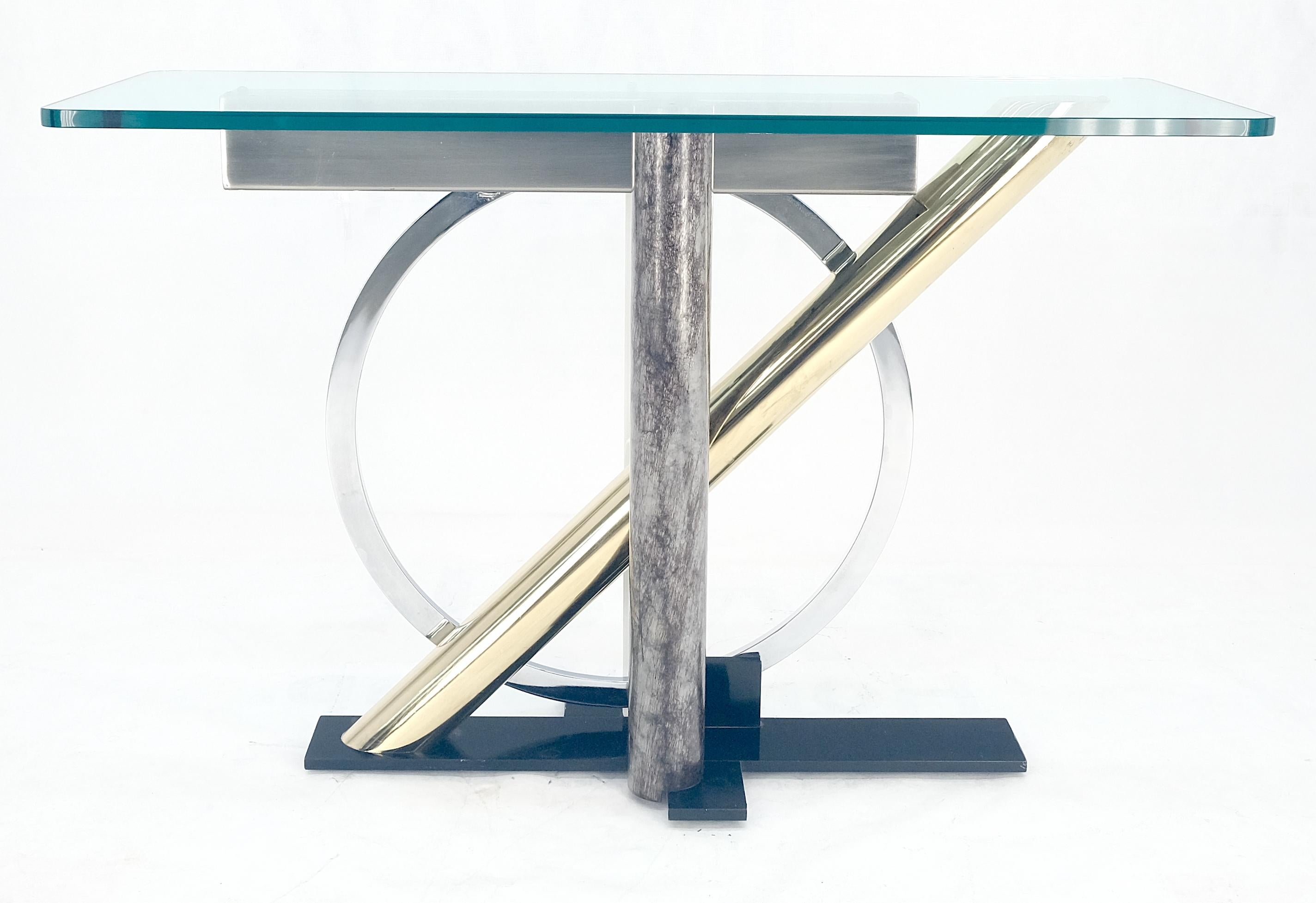 Brass Chrome Steel Sculpture Base Glass Top Rectangle Console Sofa Table MINT! In Good Condition In Rockaway, NJ