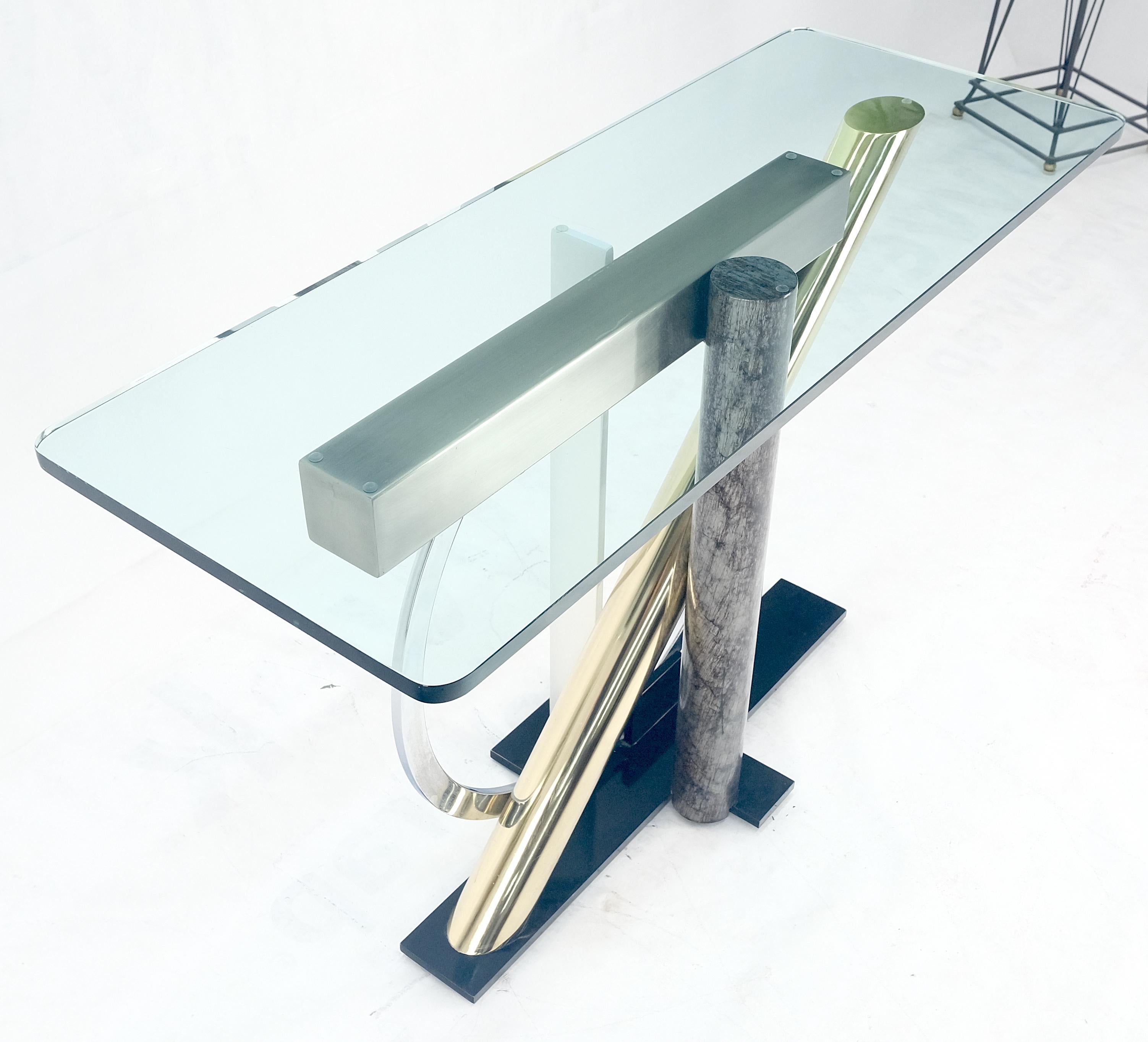 20th Century Brass Chrome Steel Sculpture Base Glass Top Rectangle Console Sofa Table MINT!