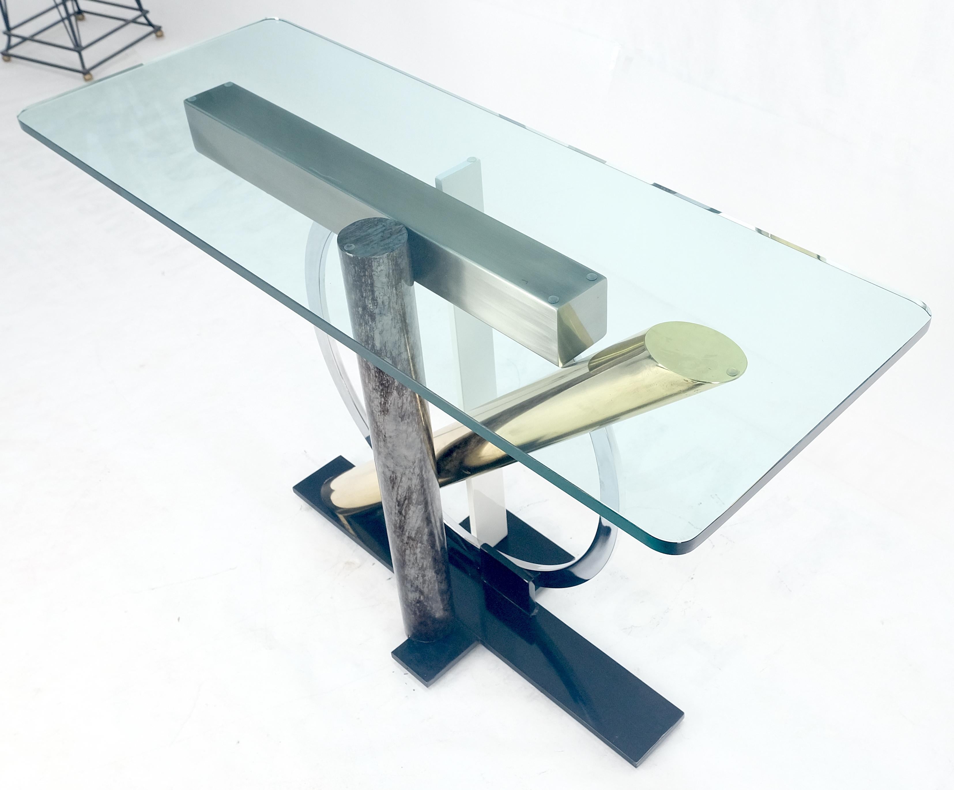 Brass Chrome Steel Sculpture Base Glass Top Rectangle Console Sofa Table MINT! 1