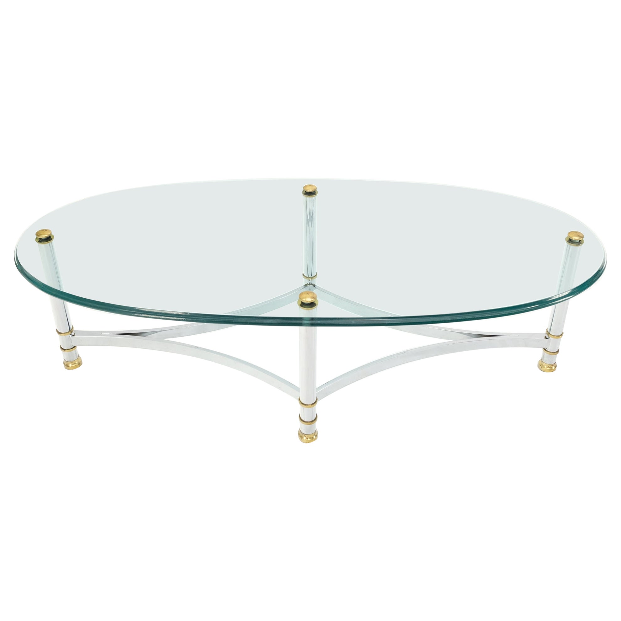 Brass Chrome Thick 3/4" Glass Top Mid Century Modern Oval Coffee Center Table