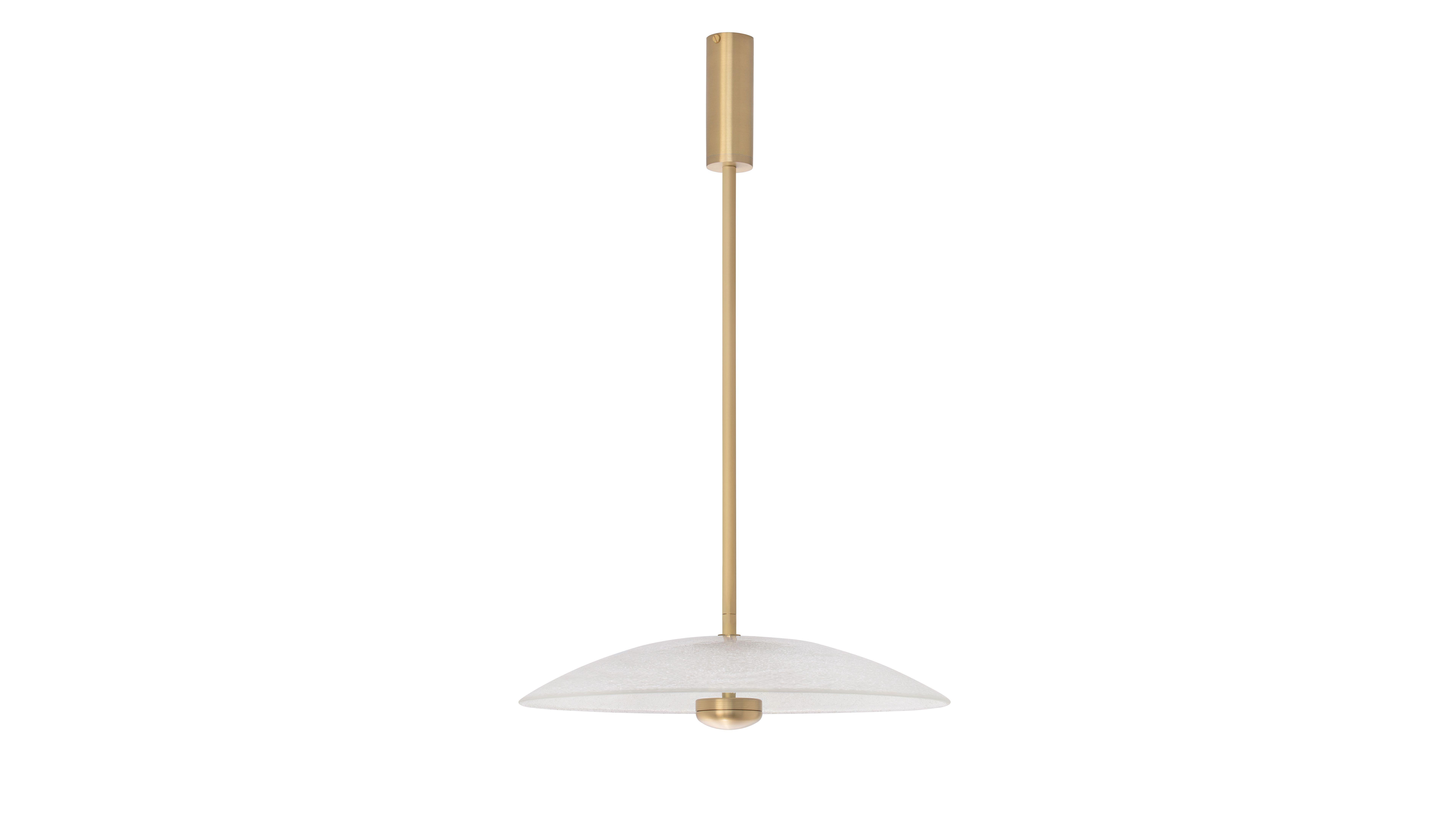 Brass Cielo large pendant by CTO Lighting
Materials: Satin brass with hand fritted glass
Dimensions: W 38.5 x D 38.5 x H 22.5 cm

Integrated LED - trailing dimmable - 8w - 2700k
weight 4.5kg (9.9lbs)
supplied with 1000mm drop rod
for