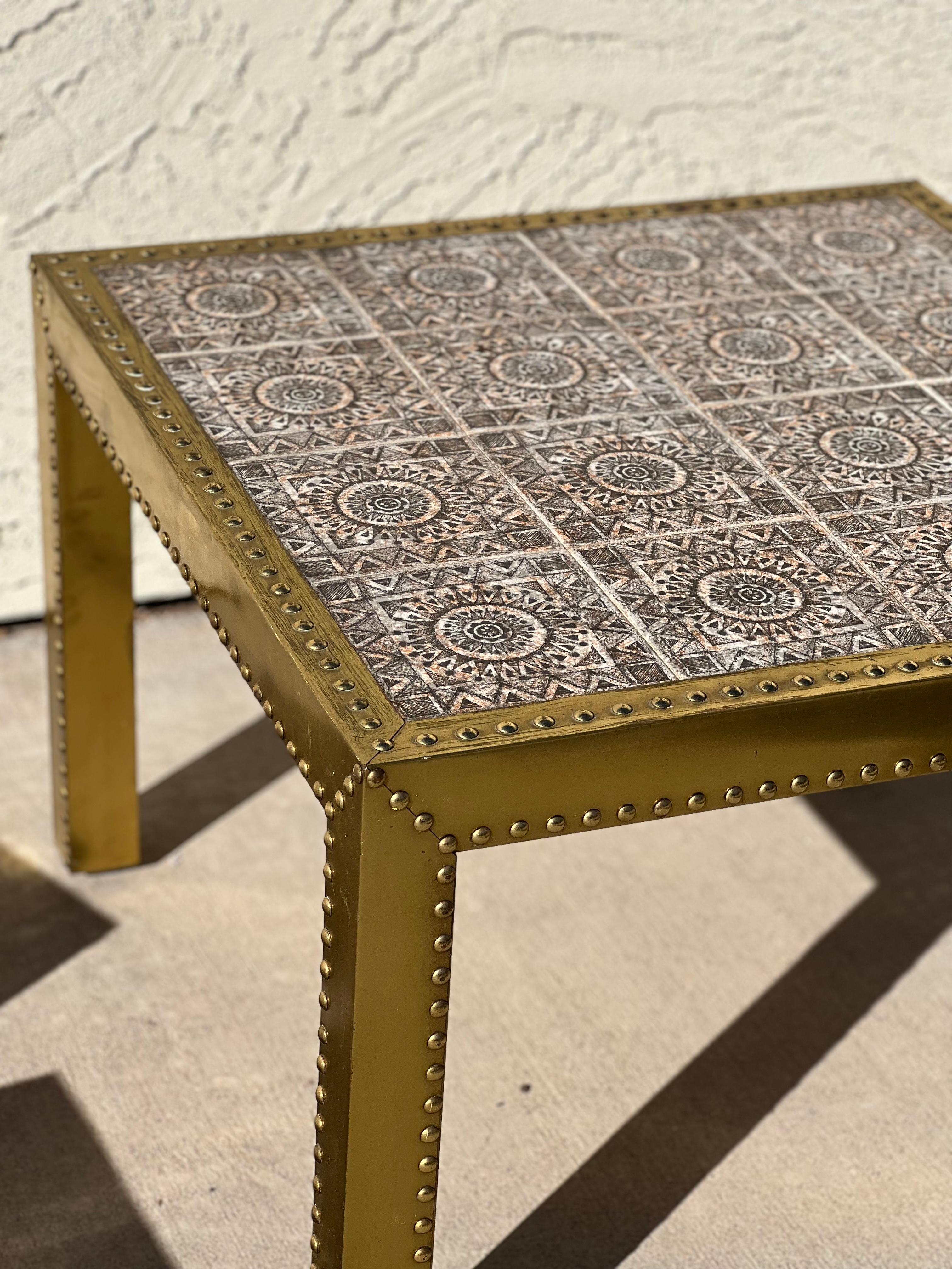 Spanish Brass Clad Cocktail Coffee Table with Mosaic Tile Top by Sarreid of Spain, 1970s
