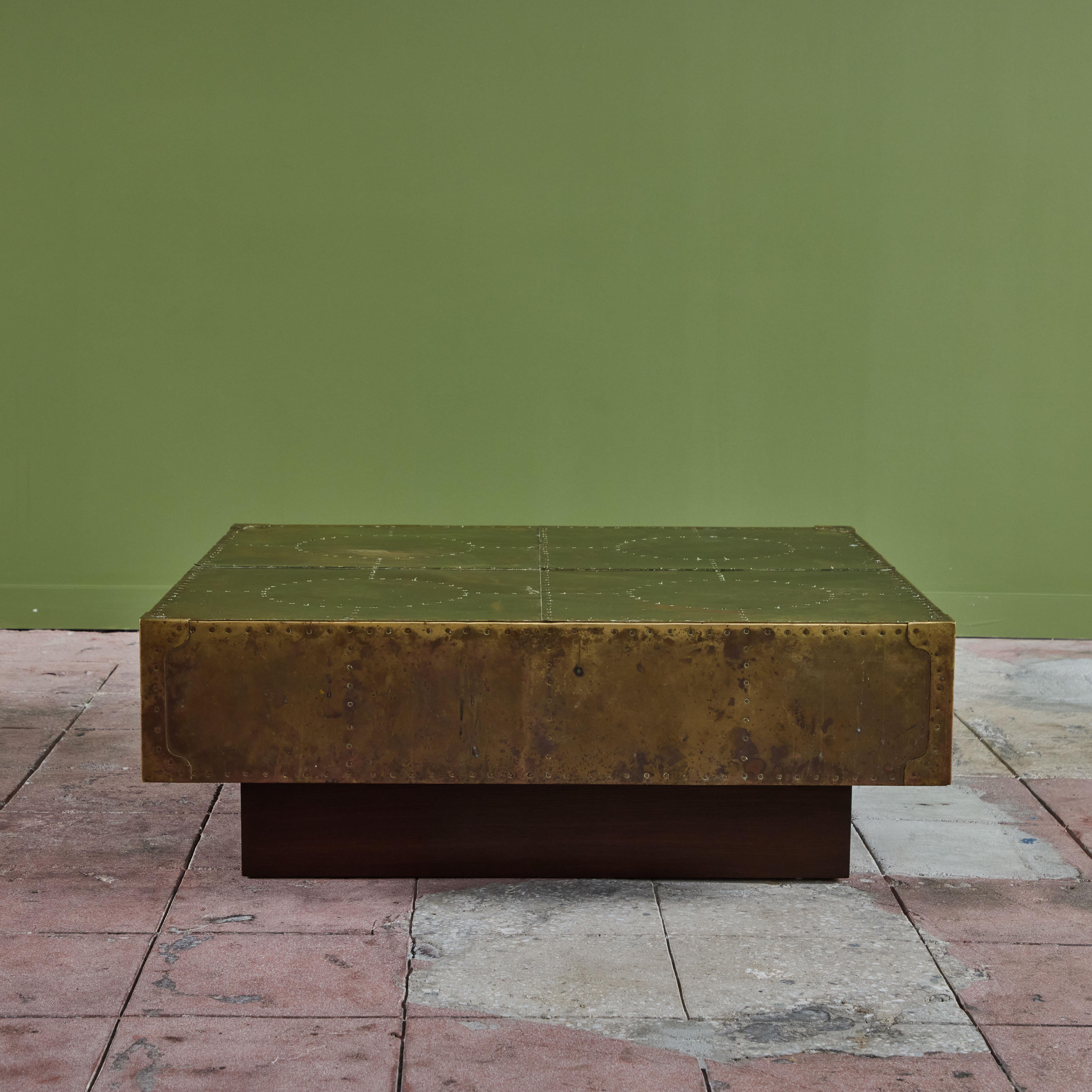 Brass Clad Coffee Table on Wood Plinth Base For Sale 5