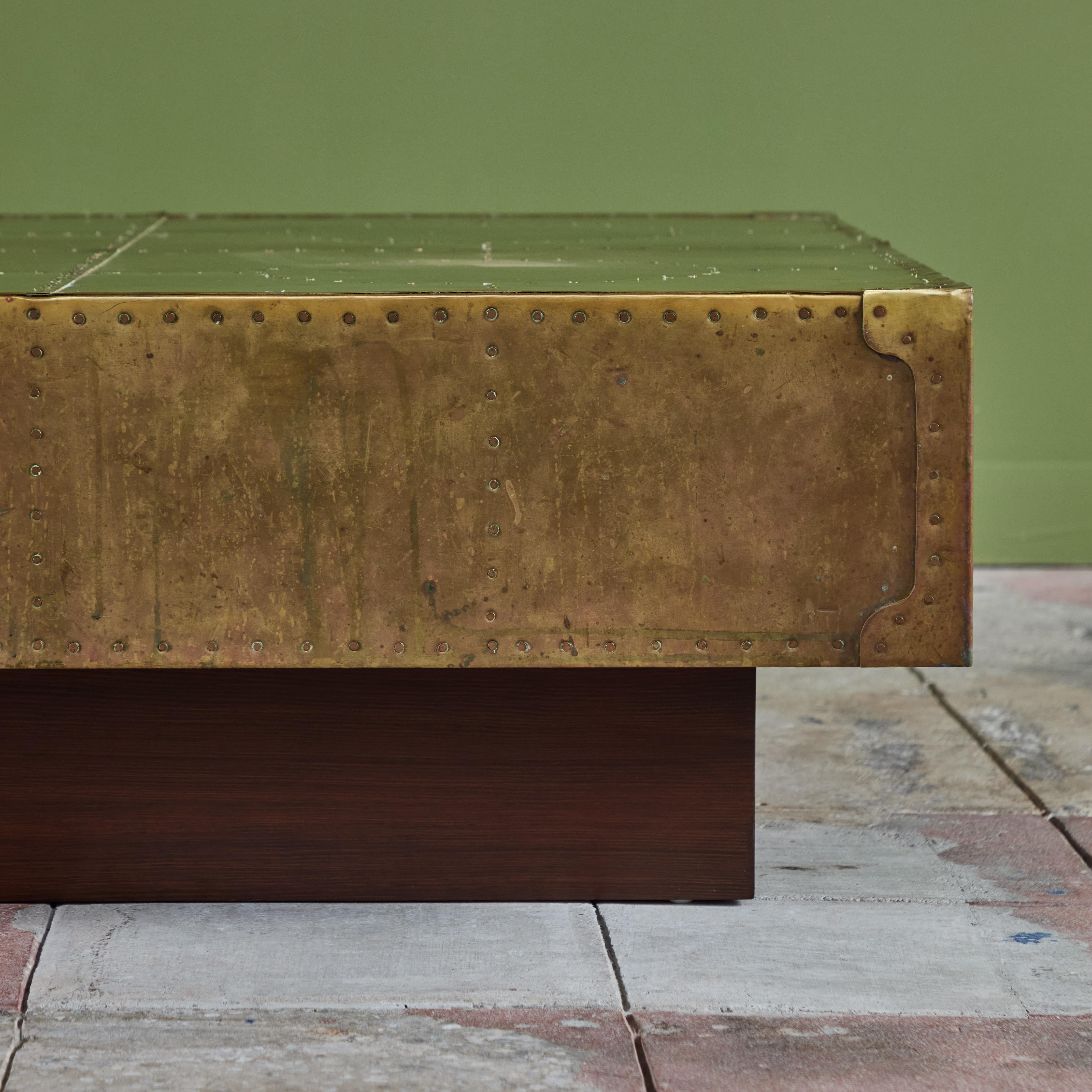 Brass Clad Coffee Table on Wood Plinth Base For Sale 6