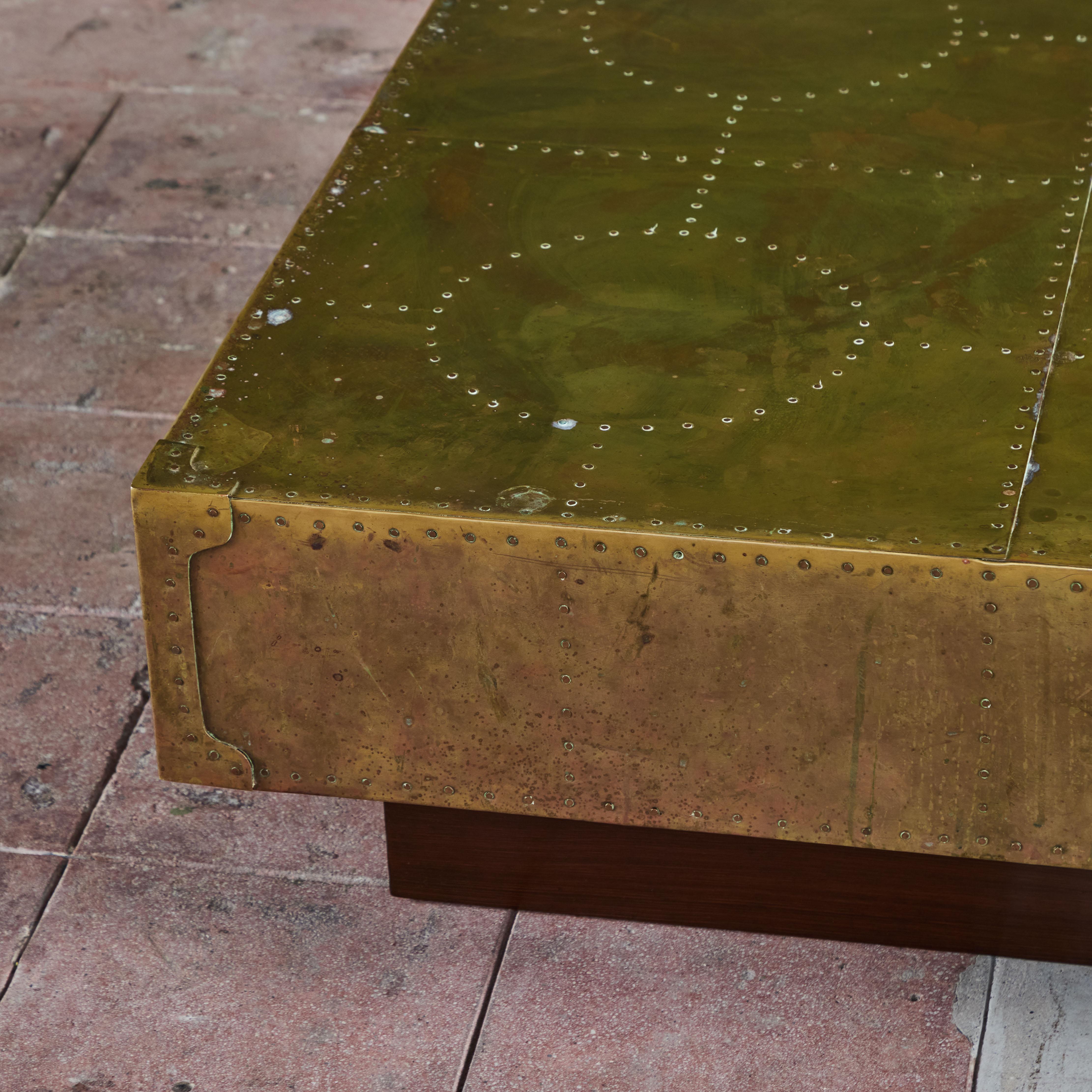 Brass Clad Coffee Table on Wood Plinth Base For Sale 8