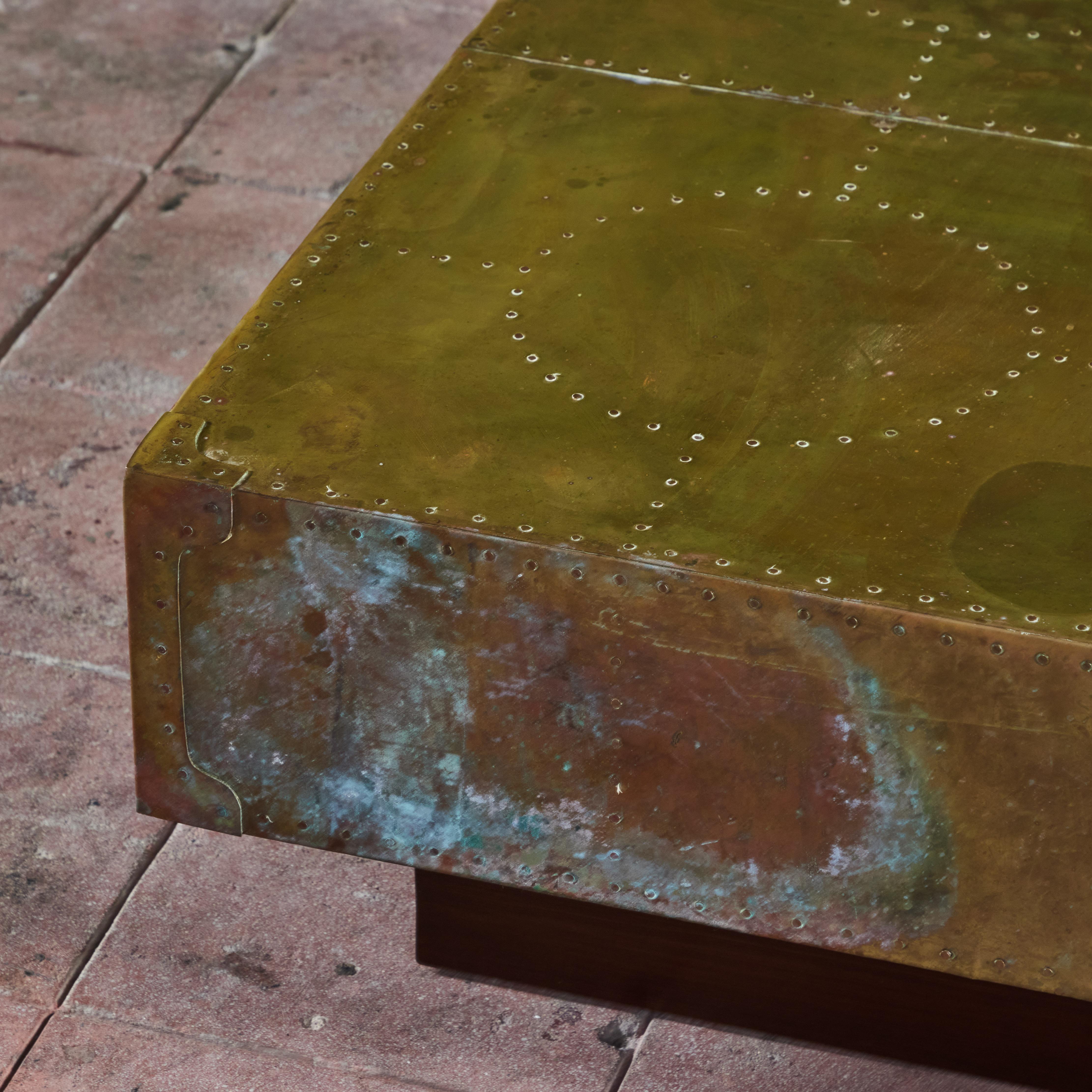 Brass Clad Coffee Table on Wood Plinth Base For Sale 9