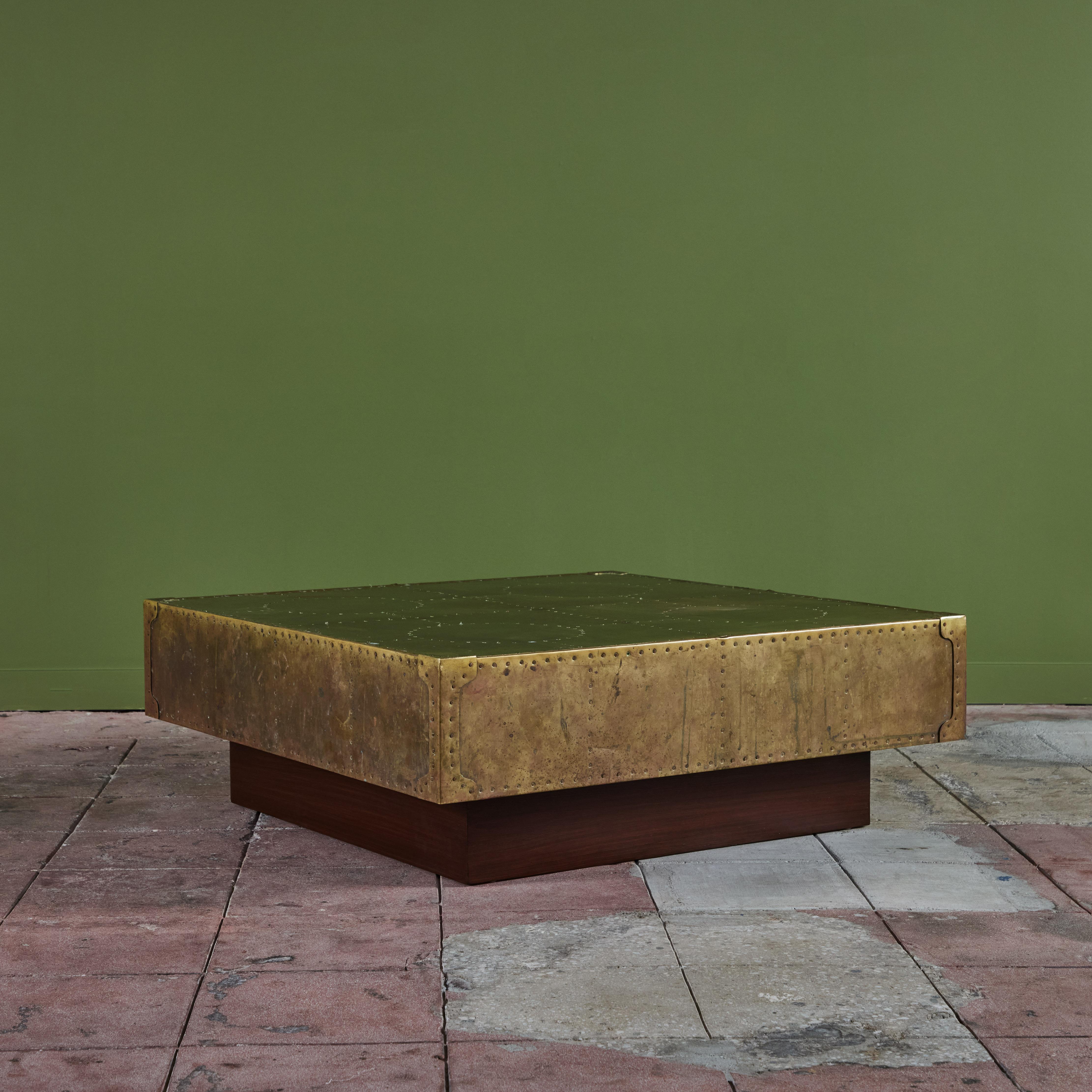 Post-Modern Brass Clad Coffee Table on Wood Plinth Base For Sale