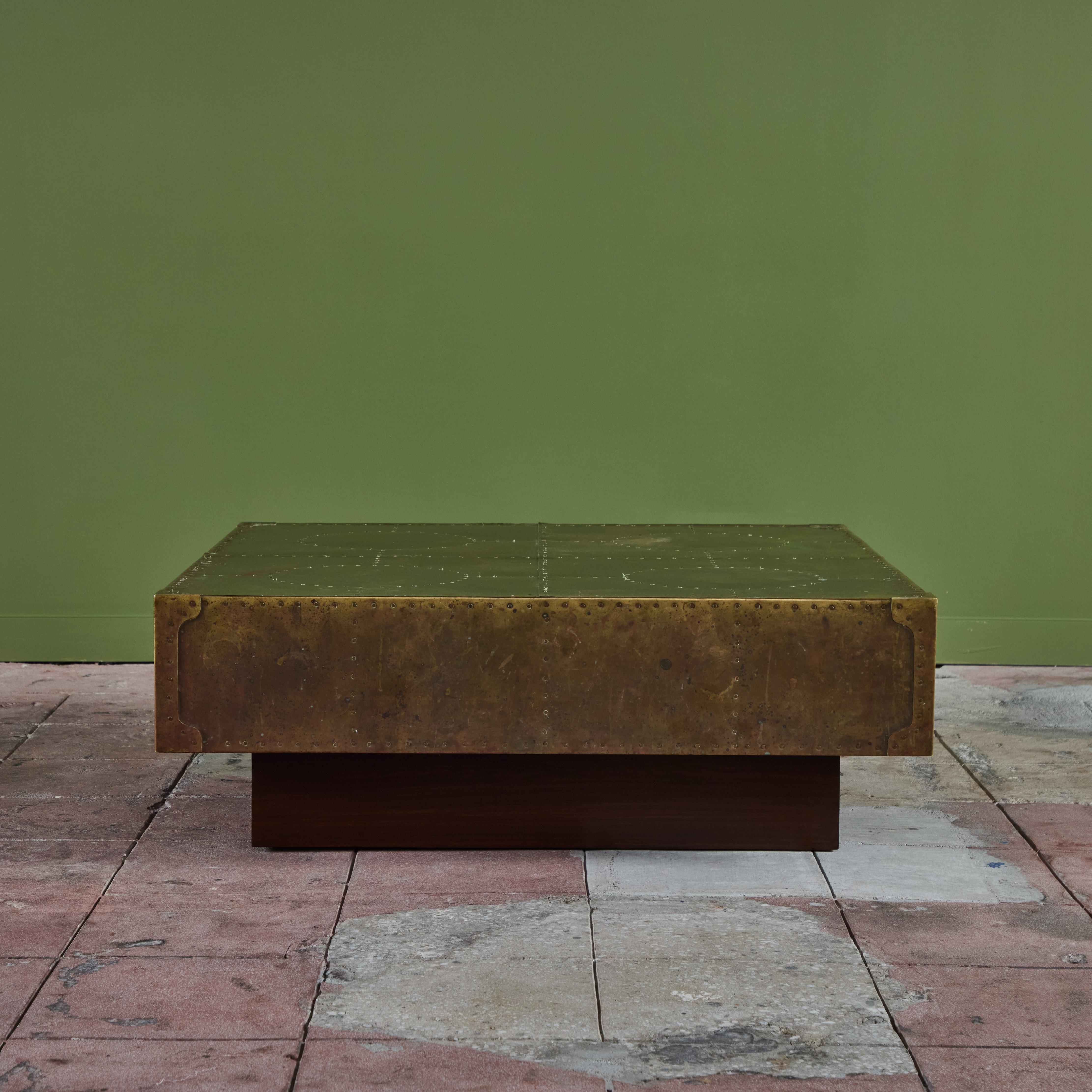 American Brass Clad Coffee Table on Wood Plinth Base For Sale