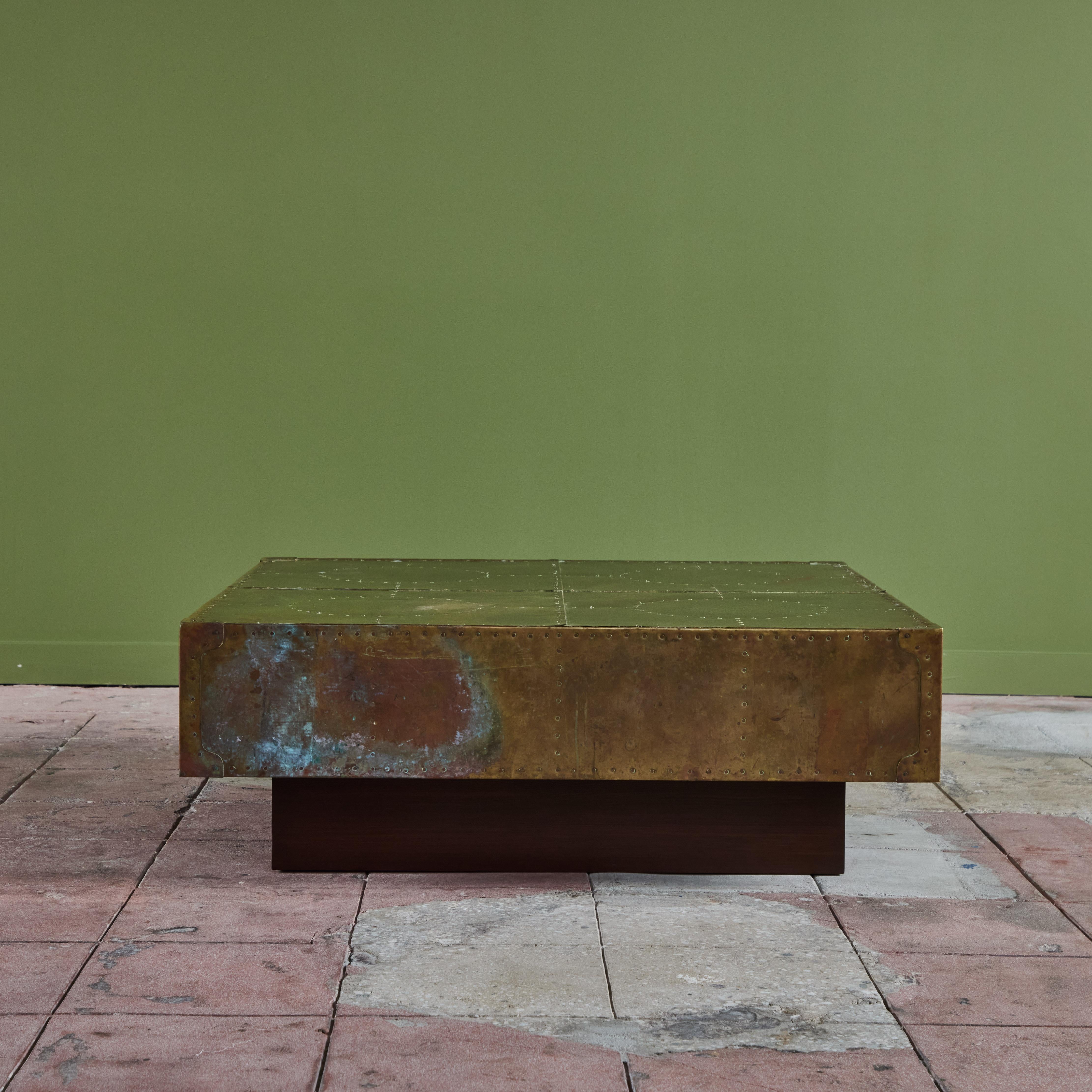 20th Century Brass Clad Coffee Table on Wood Plinth Base For Sale