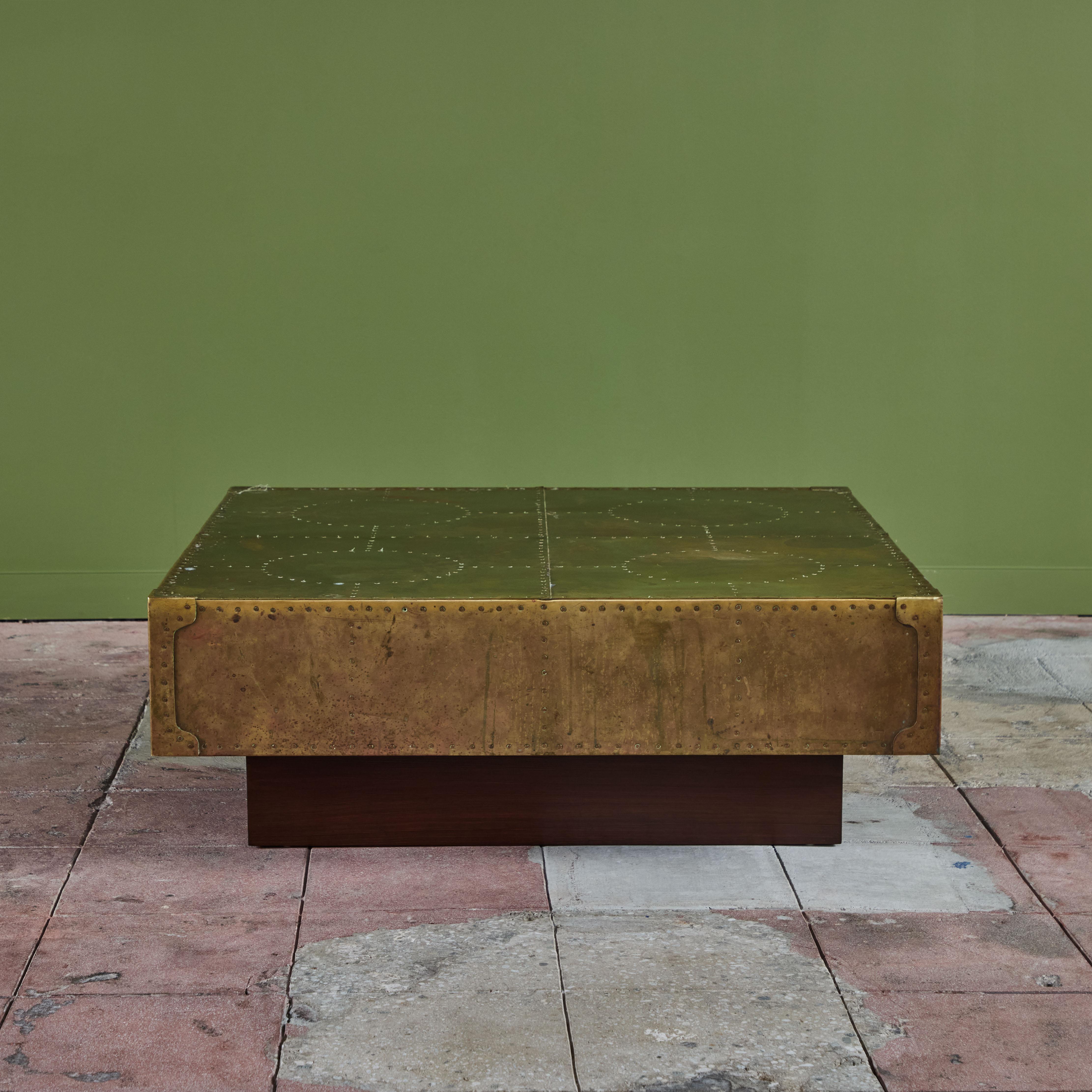 Brass Clad Coffee Table on Wood Plinth Base 1