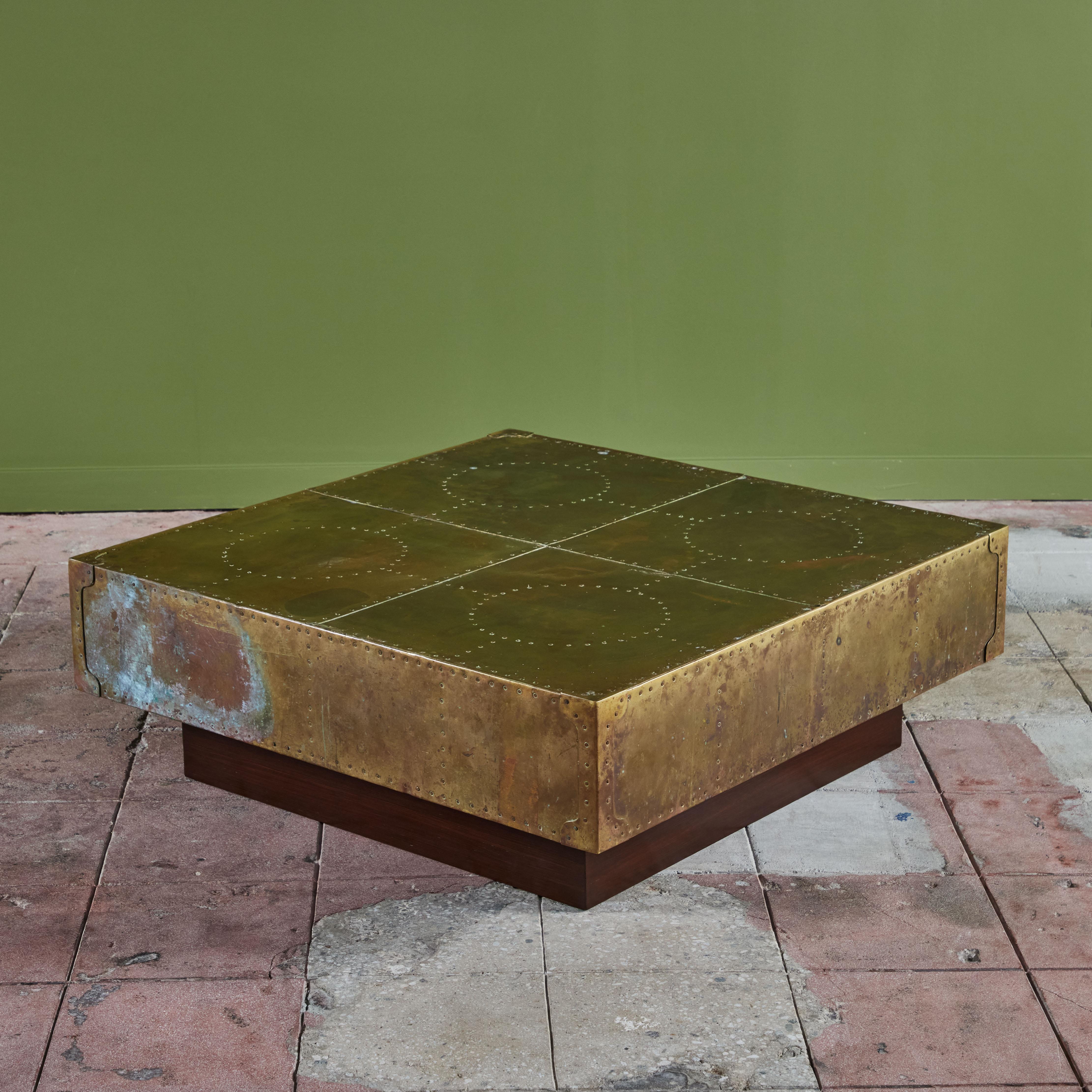 Brass Clad Coffee Table on Wood Plinth Base For Sale 2