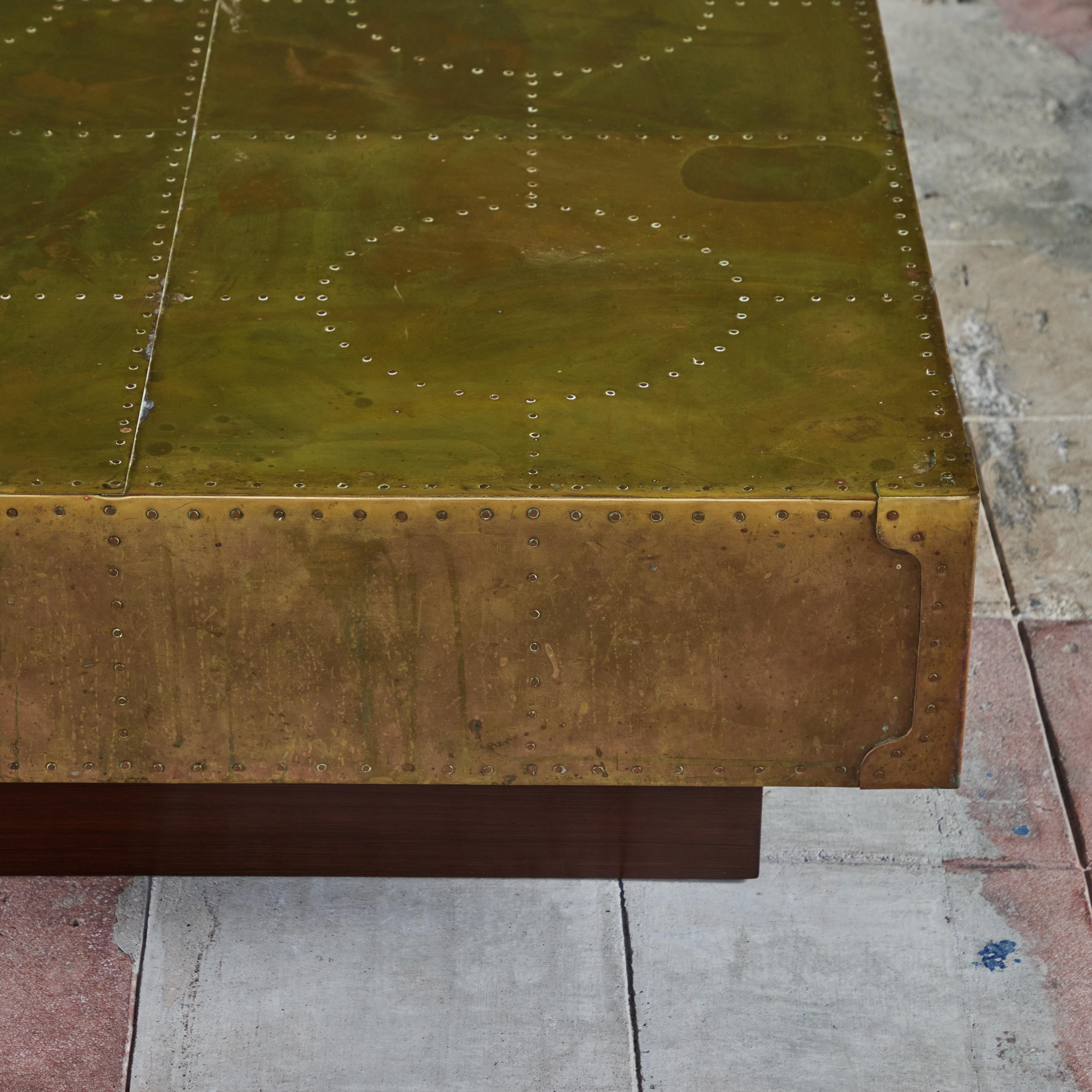 Brass Clad Coffee Table on Wood Plinth Base 3