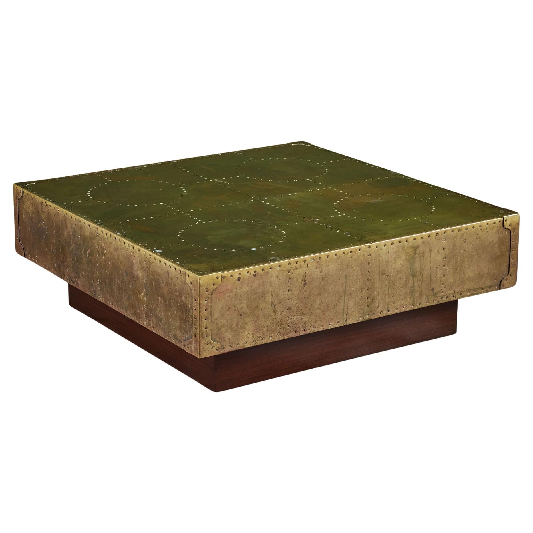 Brass Clad Coffee Table on Wood Plinth Base For Sale