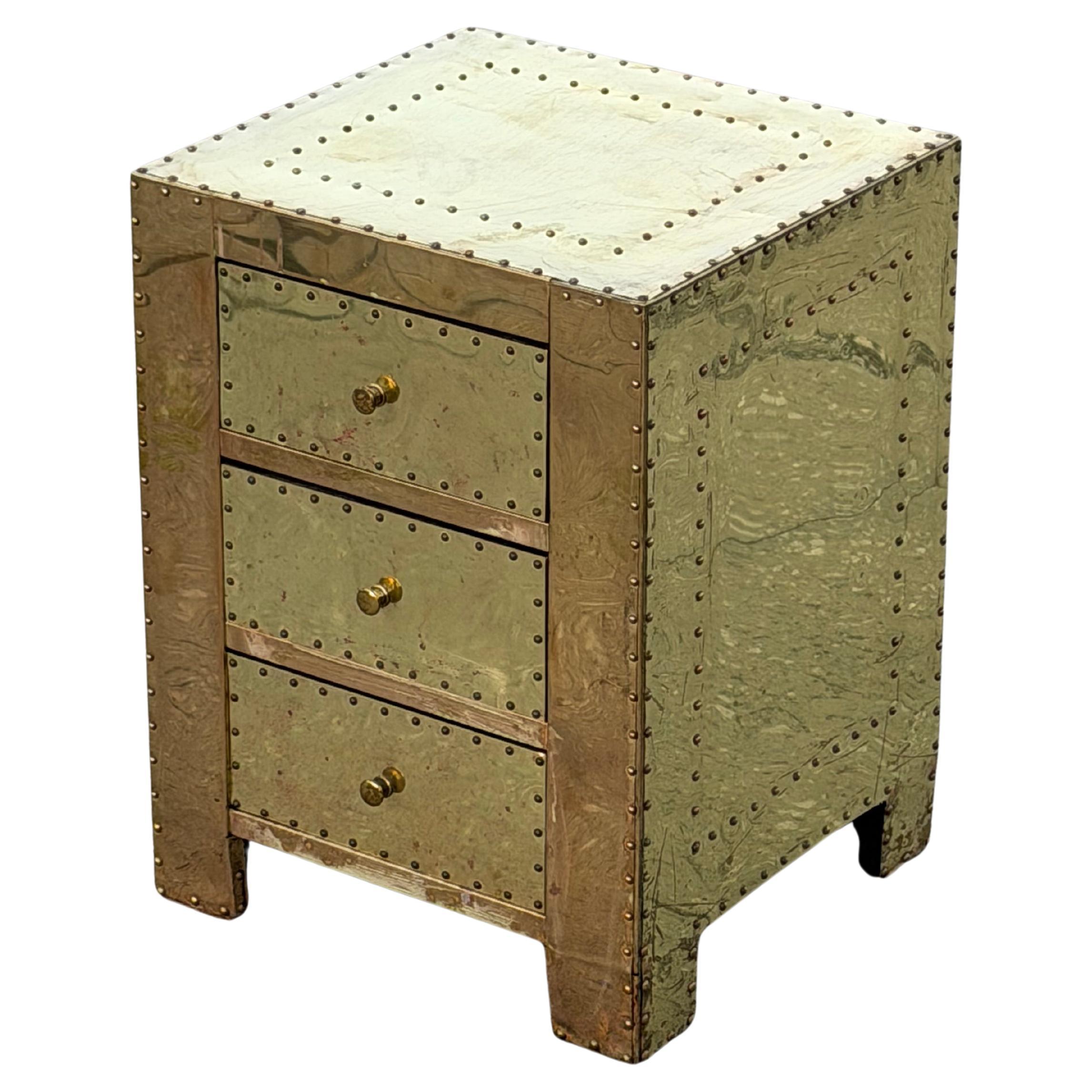 Brass-Clad Three Drawer Chest Nightstand Miniature Circa 1980s