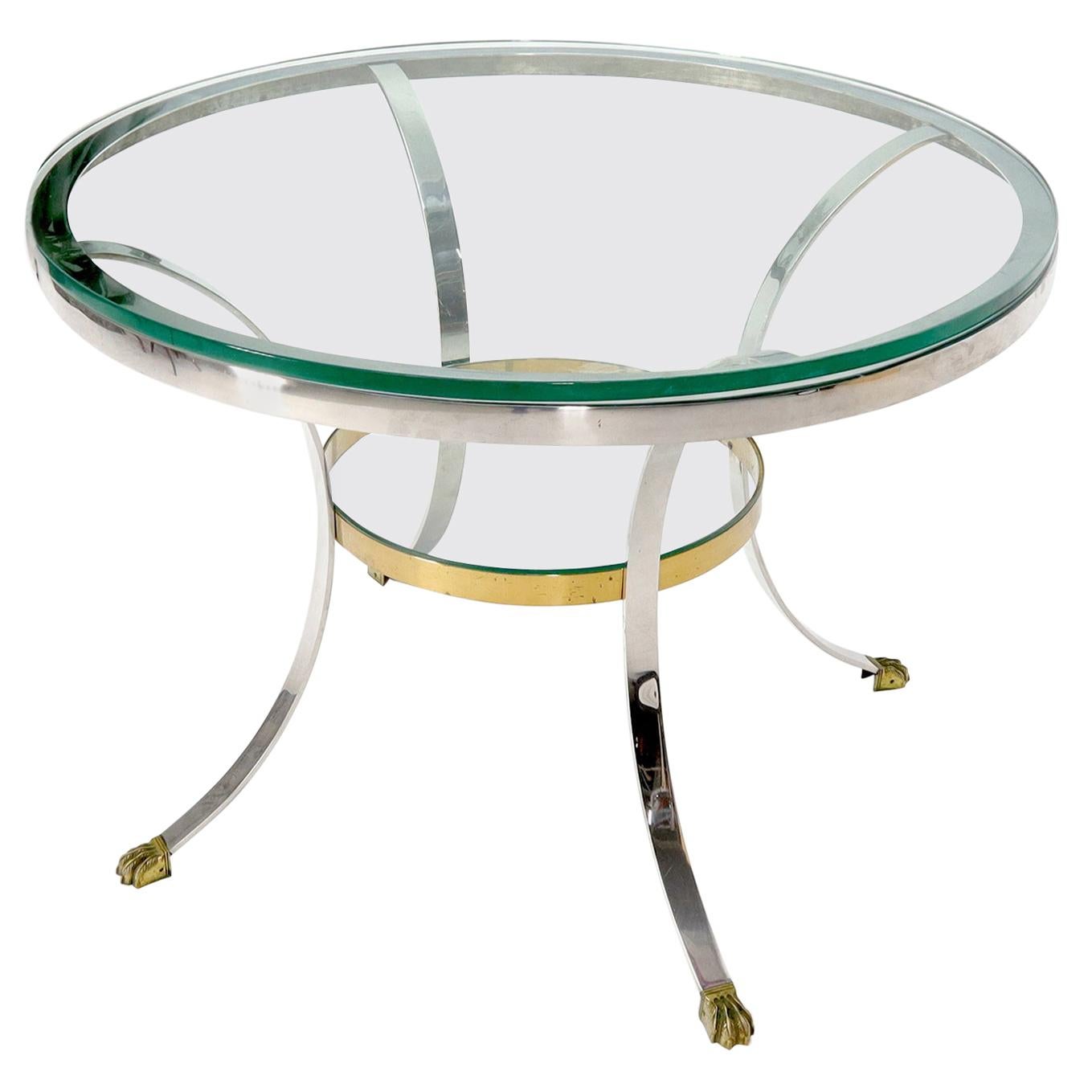 Brass Claw Feet Crome and Brass Glass Round Top Gueridon Center Cafe Game Table For Sale